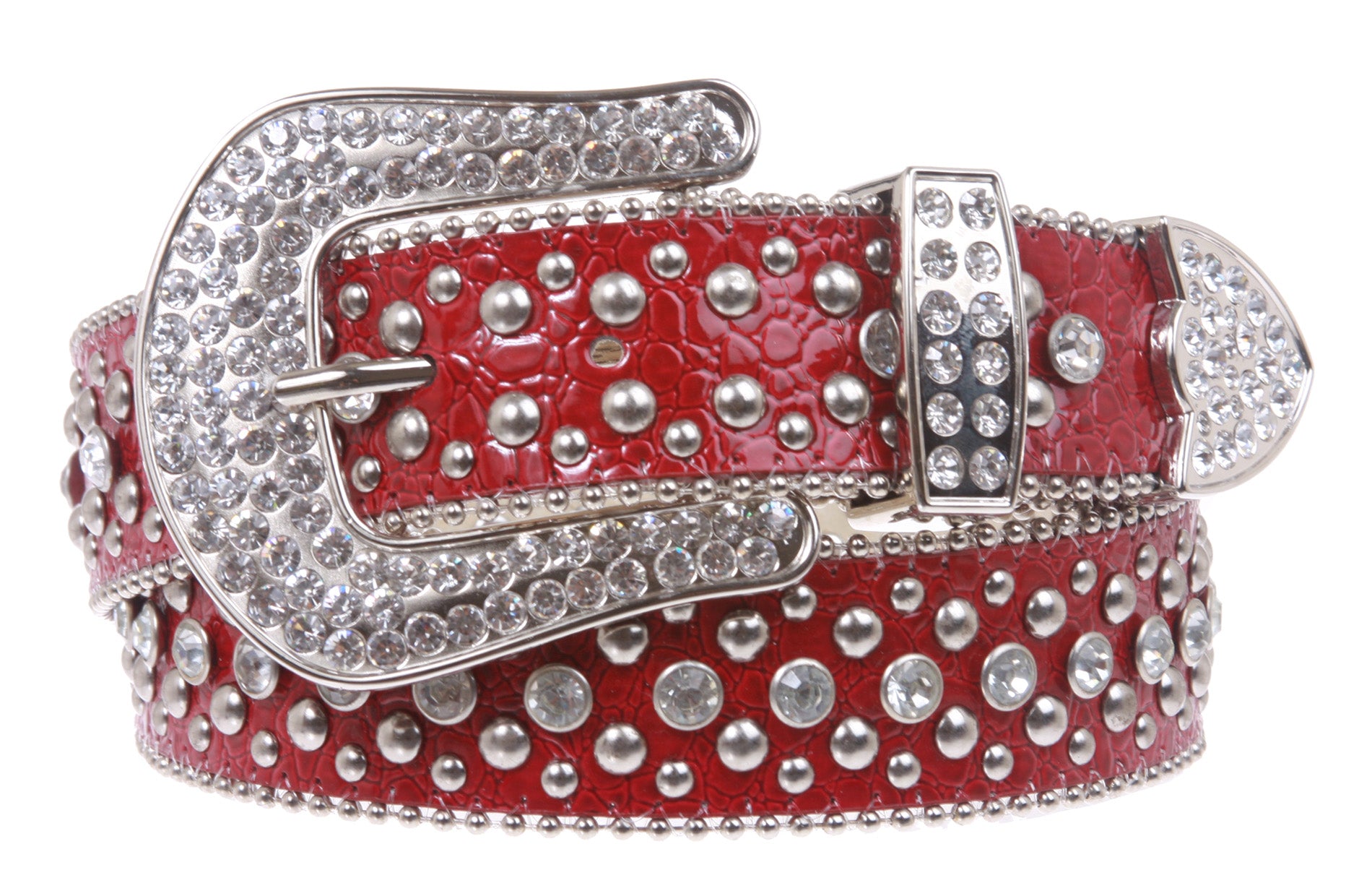 Ladies Rhinestone Studs Croco Print Leather Belt - OnlineBelts