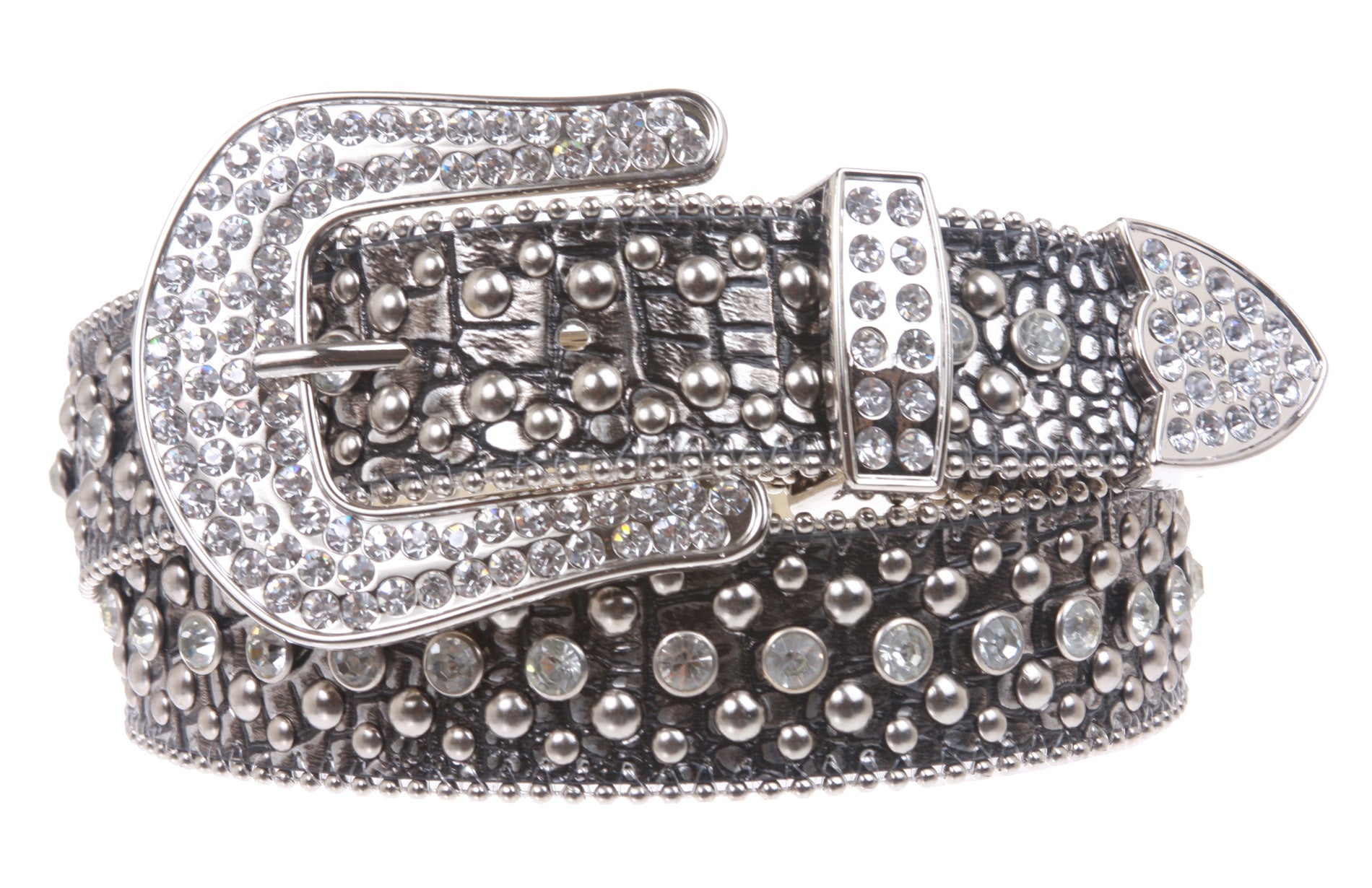 Ladies Rhinestone Studs Croco Print Leather Belt - OnlineBelts