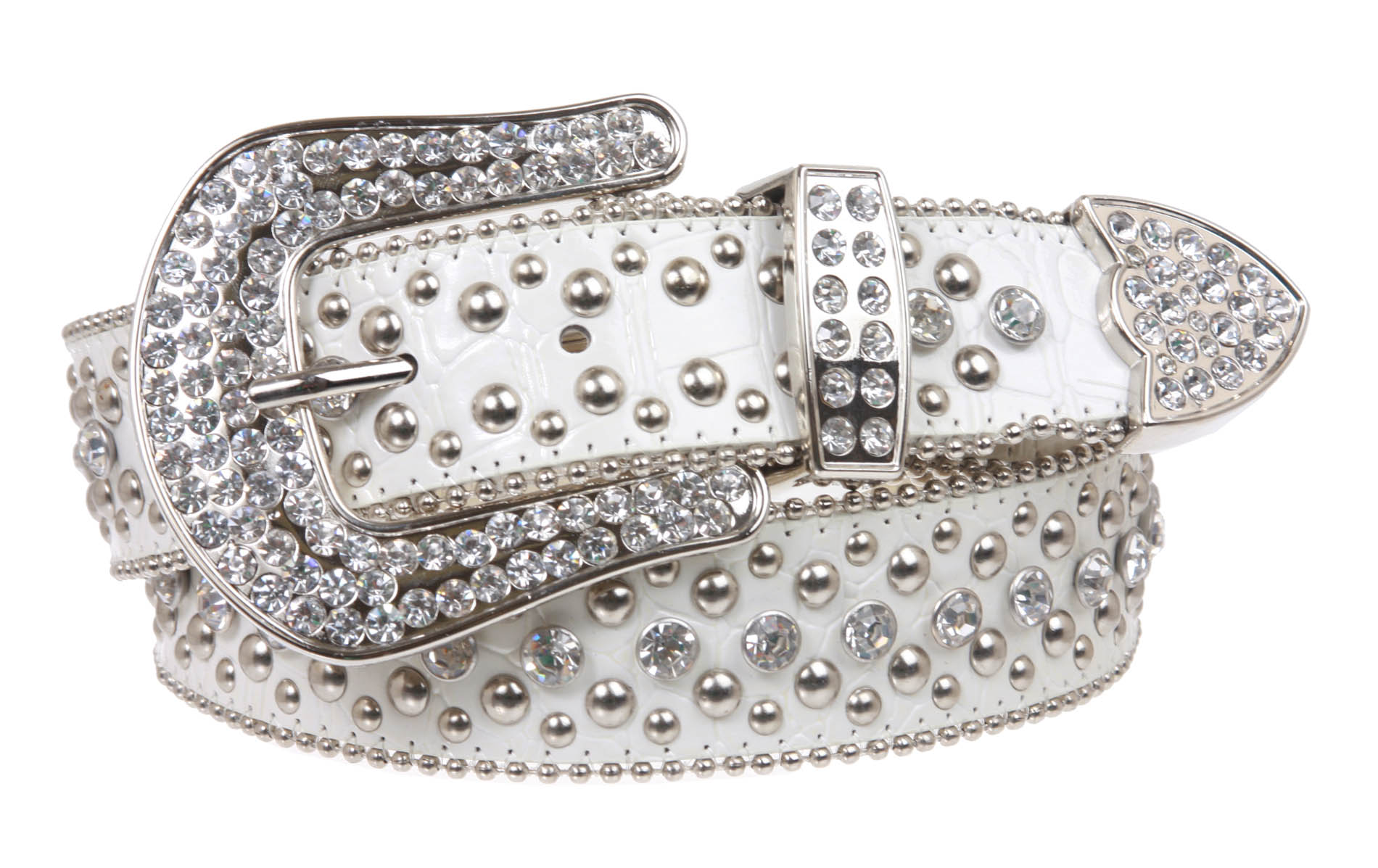 Ladies Rhinestone Studs Croco Print Leather Belt - OnlineBelts