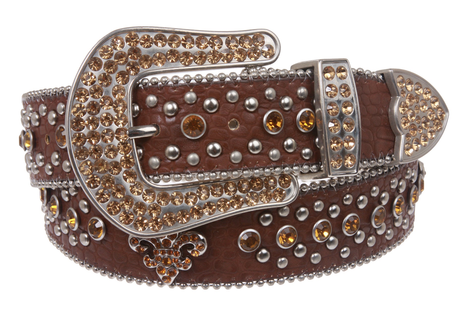 Snap On Western Cowgirl Alligator Rhinestone Fleur De Lis Studded Leather Belt - OnlineBelts