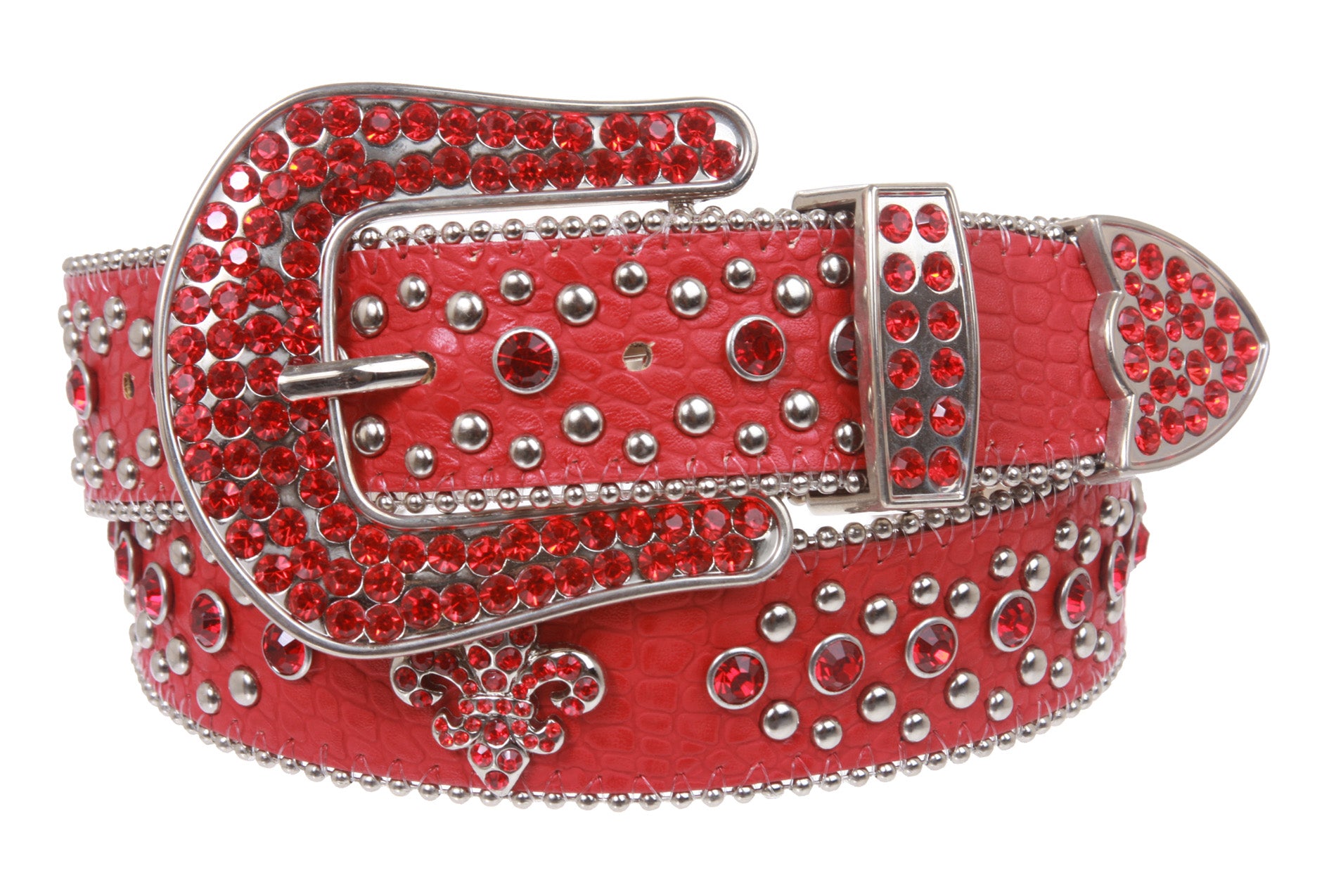 Snap On Western Cowgirl Alligator Rhinestone Fleur De Lis Studded Leather Belt - OnlineBelts