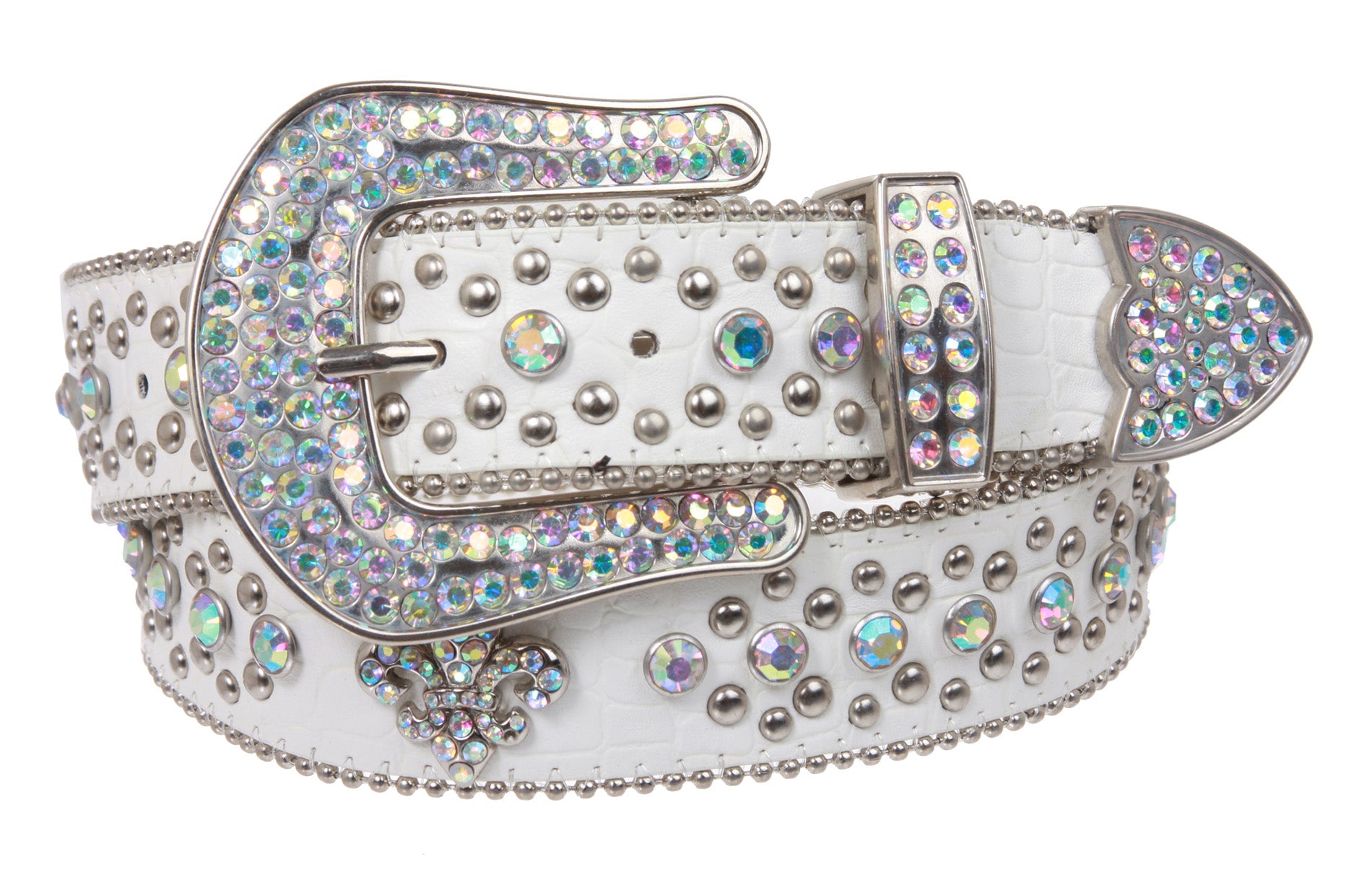 Snap On Western Cowgirl Alligator Rhinestone Fleur De Lis Studded Leather Belt - OnlineBelts