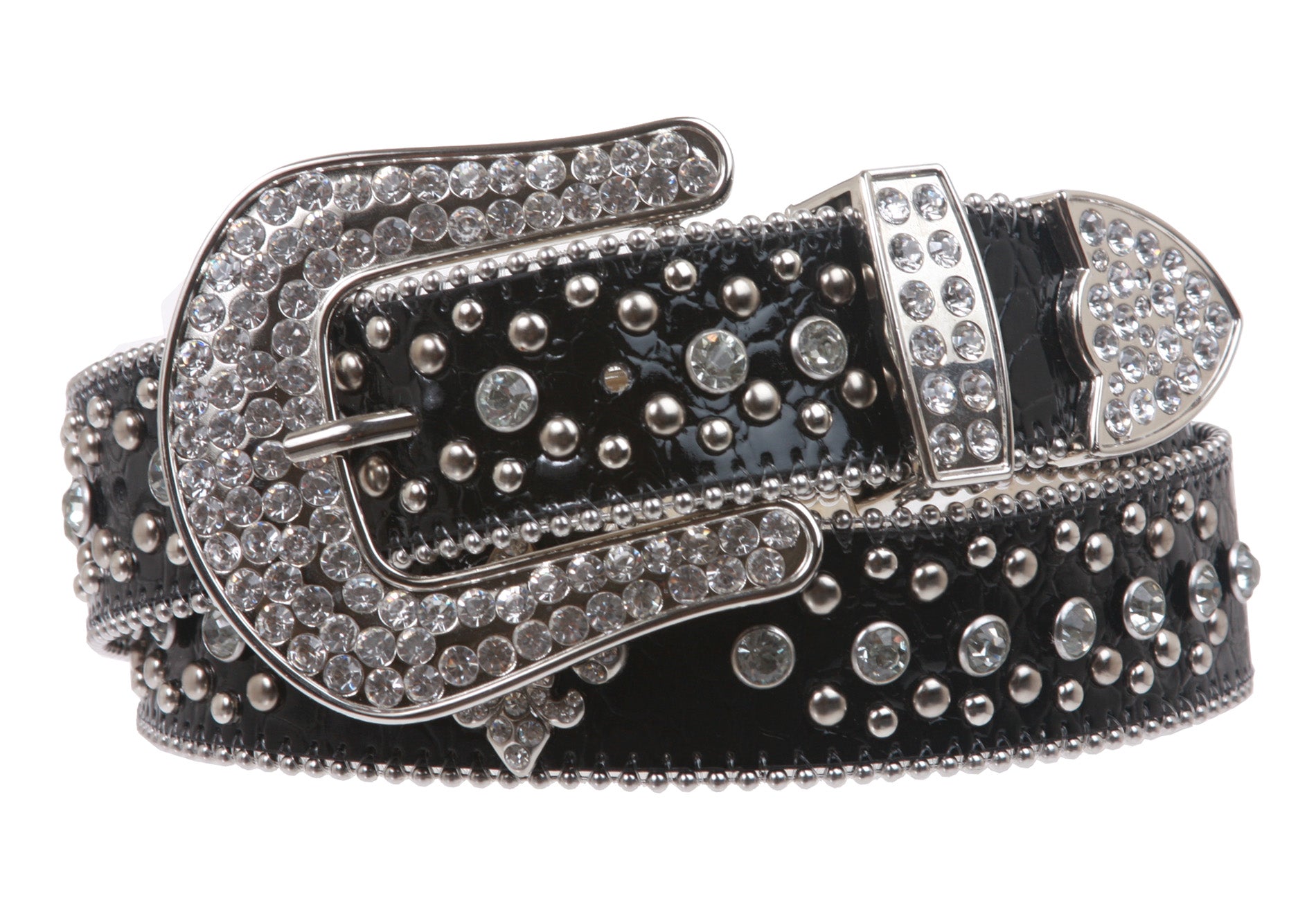 Snap On Western Cowgirl Alligator Rhinestone Fleur De Lis Studded Leather Belt - OnlineBelts