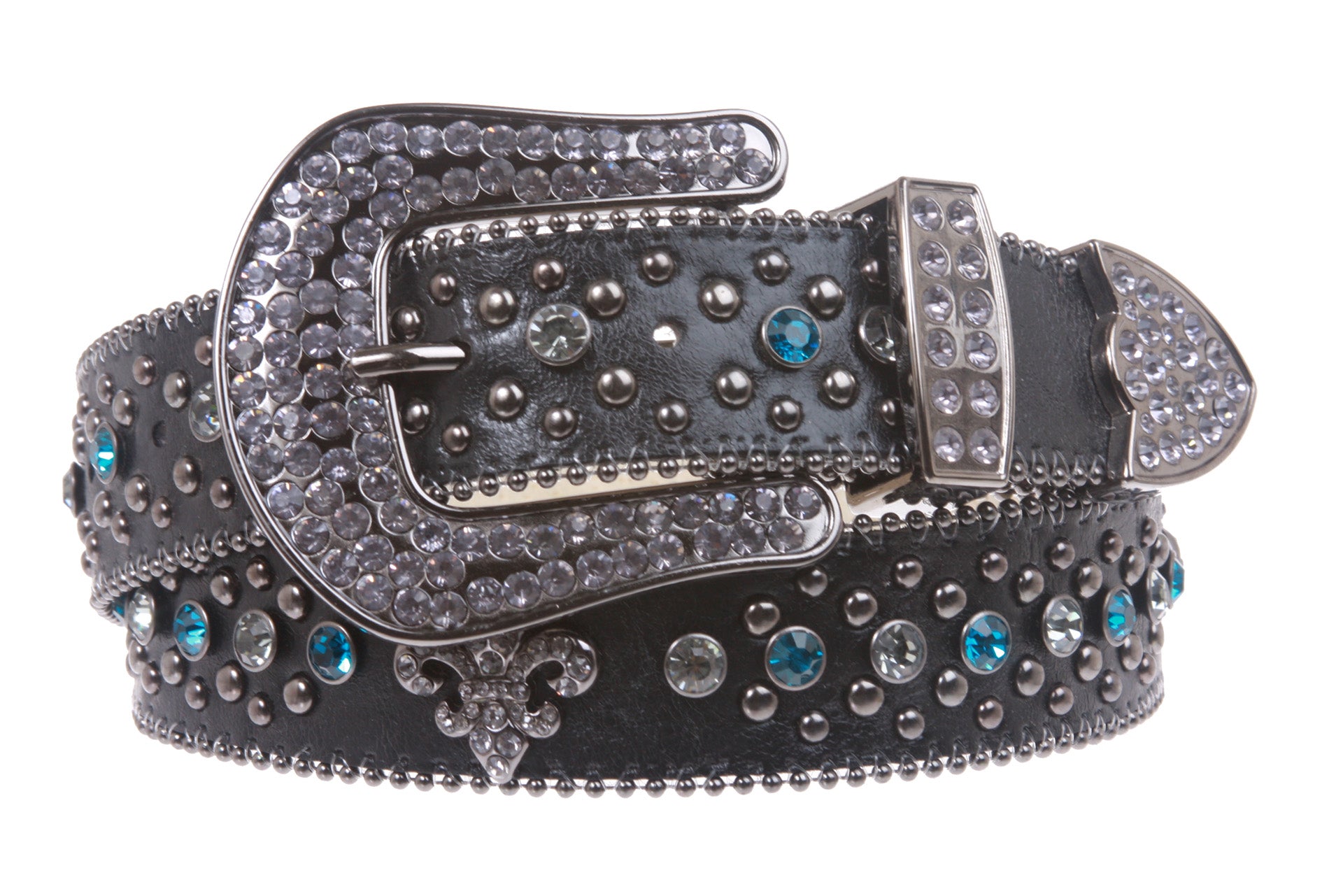 Snap On Western Cowgirl Alligator Rhinestone Fleur De Lis Studded Leather Belt - OnlineBelts