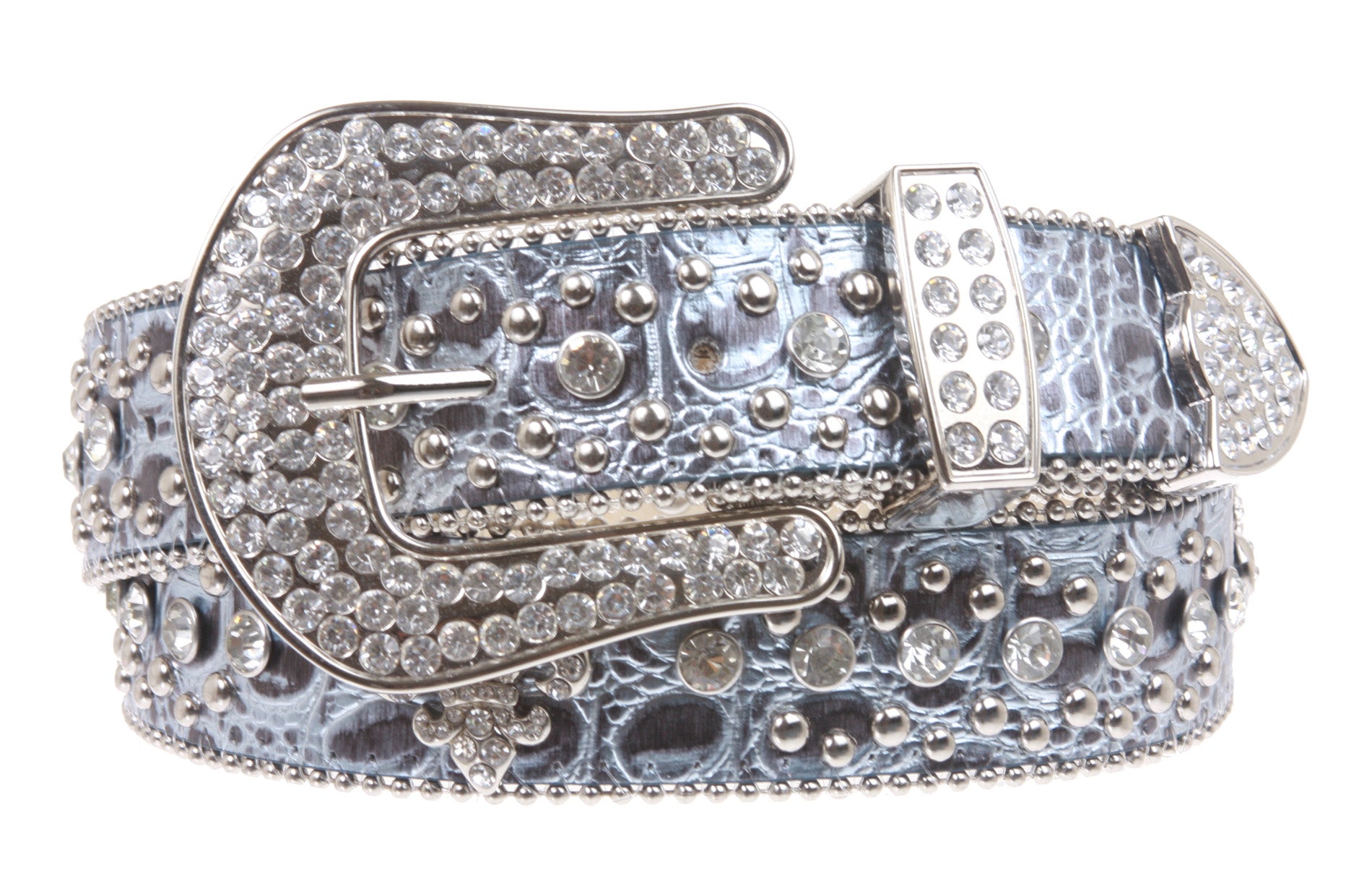 Snap On Western Cowgirl Alligator Rhinestone Fleur De Lis Studded Leather Belt - OnlineBelts