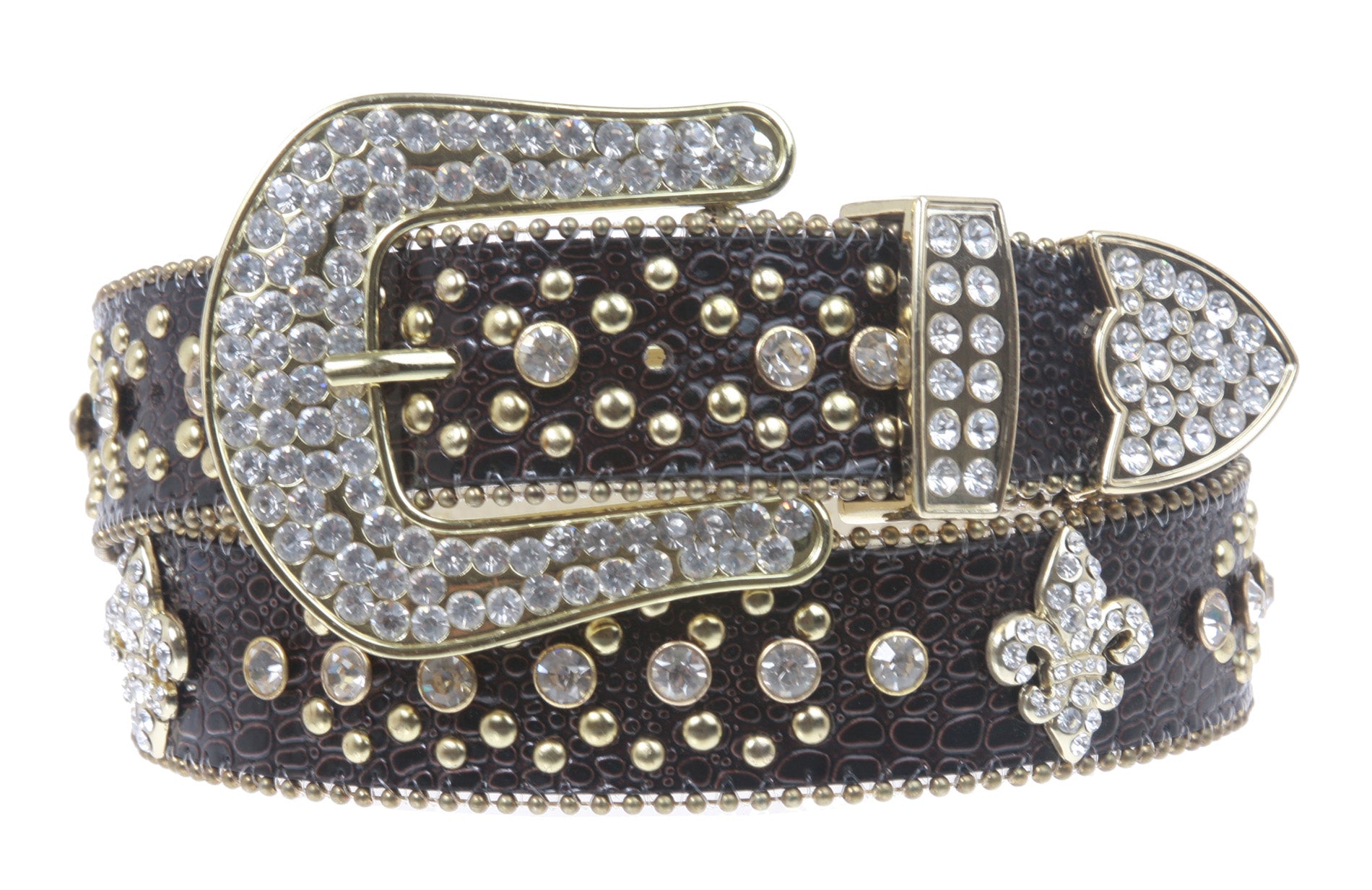 Snap On Western Cowgirl Alligator Rhinestone Fleur De Lis Studded Leather Belt - OnlineBelts