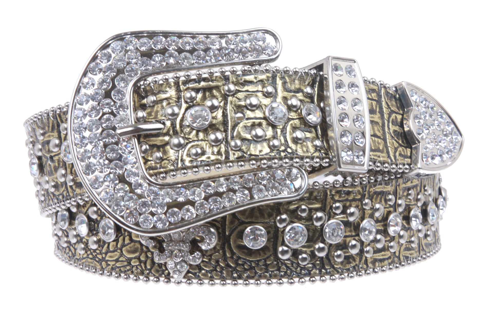 Snap On Western Cowgirl Alligator Rhinestone Fleur De Lis Studded Leather Belt - OnlineBelts