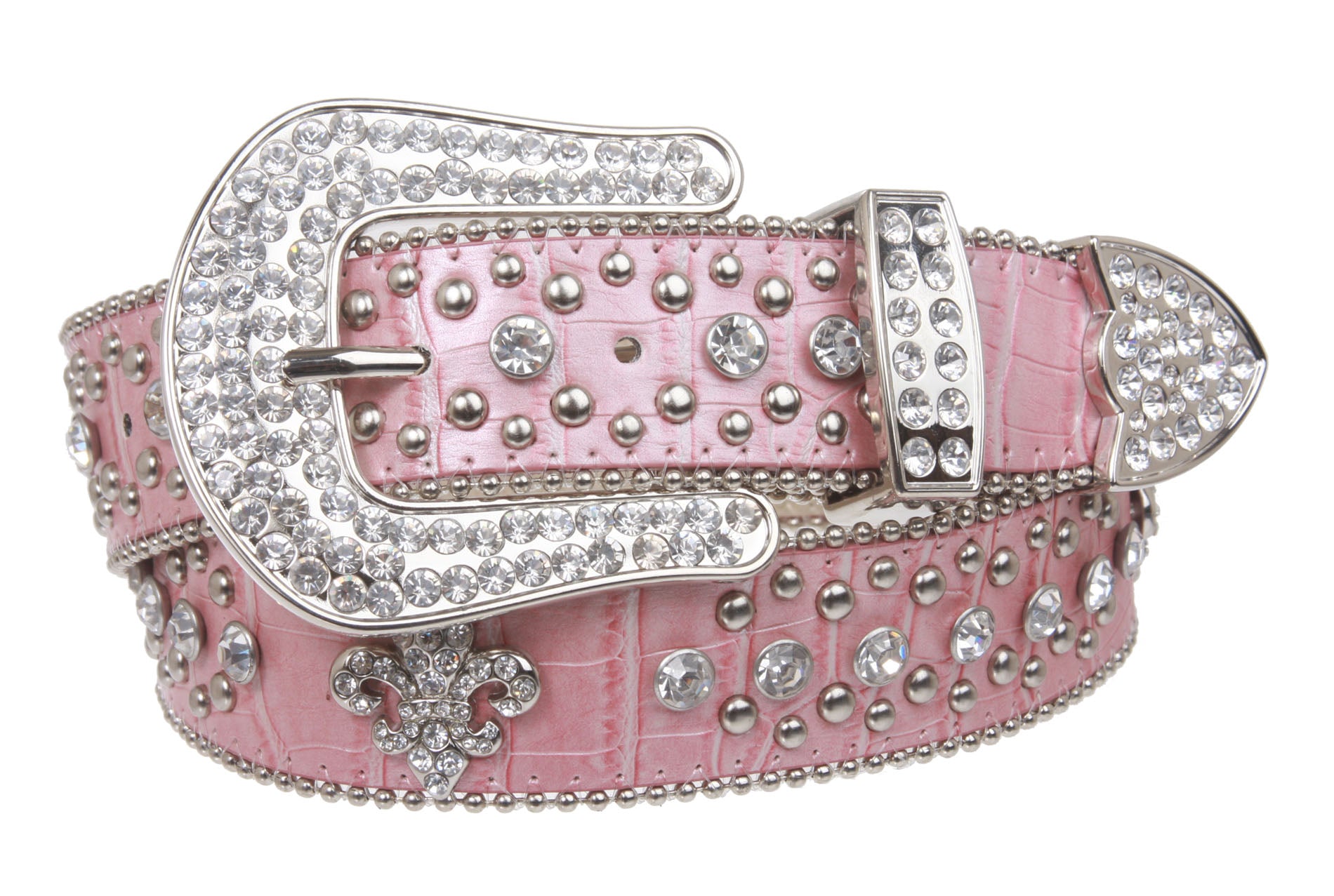 Snap On Western Cowgirl Alligator Rhinestone Fleur De Lis Studded Leather Belt - OnlineBelts