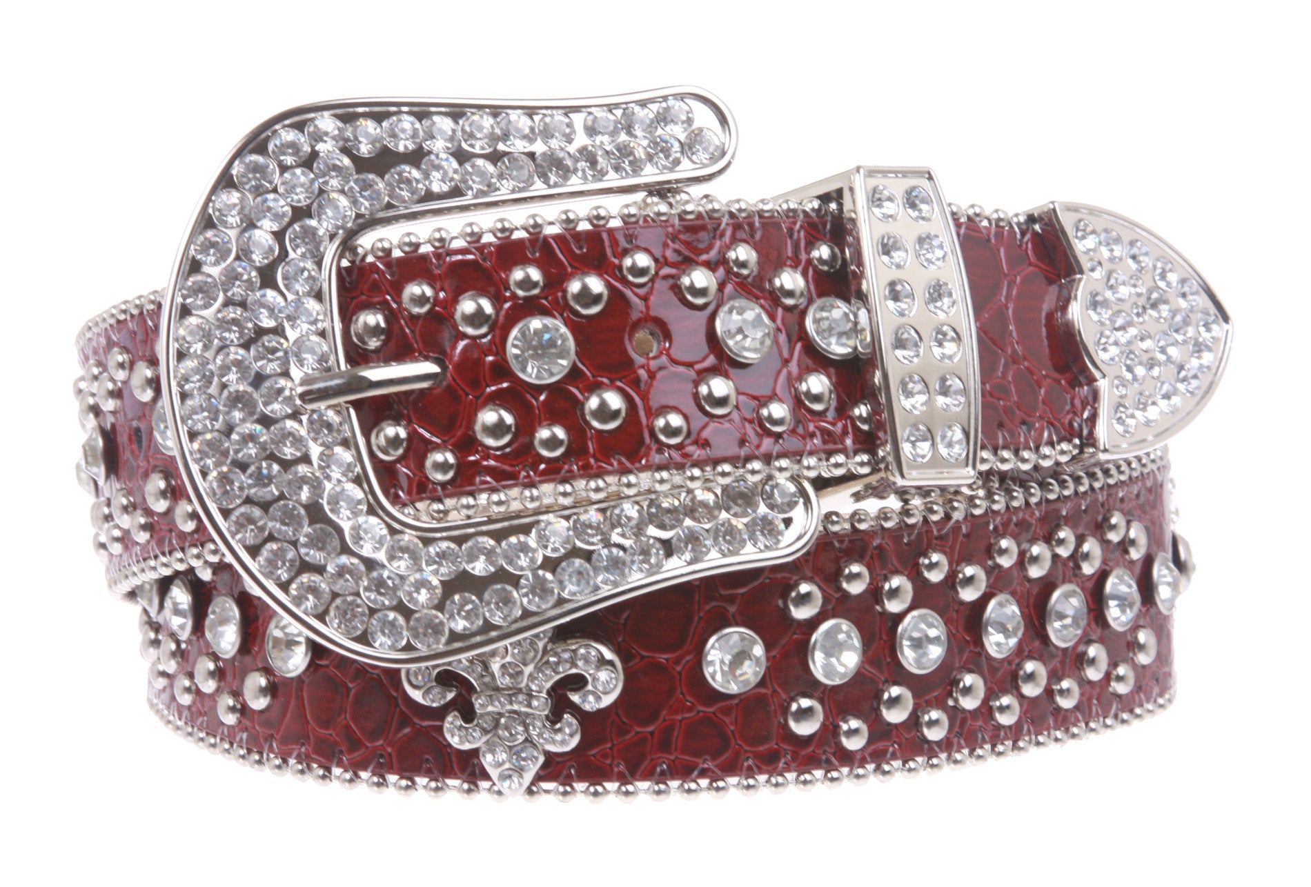 Snap On Western Cowgirl Alligator Rhinestone Fleur De Lis Studded Leather Belt - OnlineBelts
