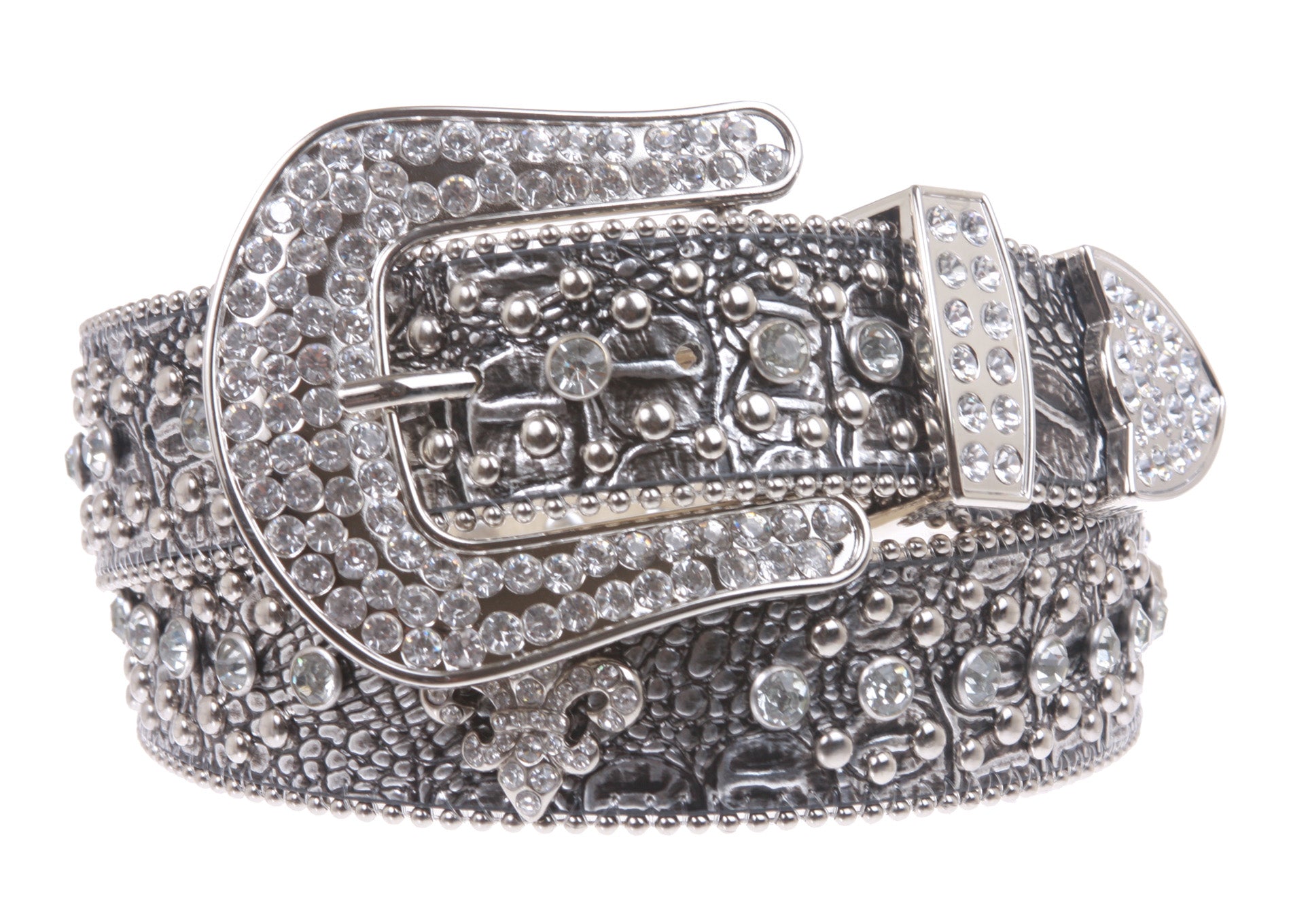 Snap On Western Cowgirl Alligator Rhinestone Fleur De Lis Studded Leather Belt - OnlineBelts
