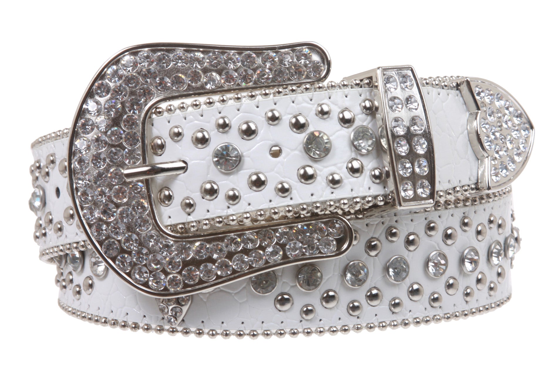 Snap On Western Cowgirl Alligator Rhinestone Fleur De Lis Studded Leather Belt - OnlineBelts