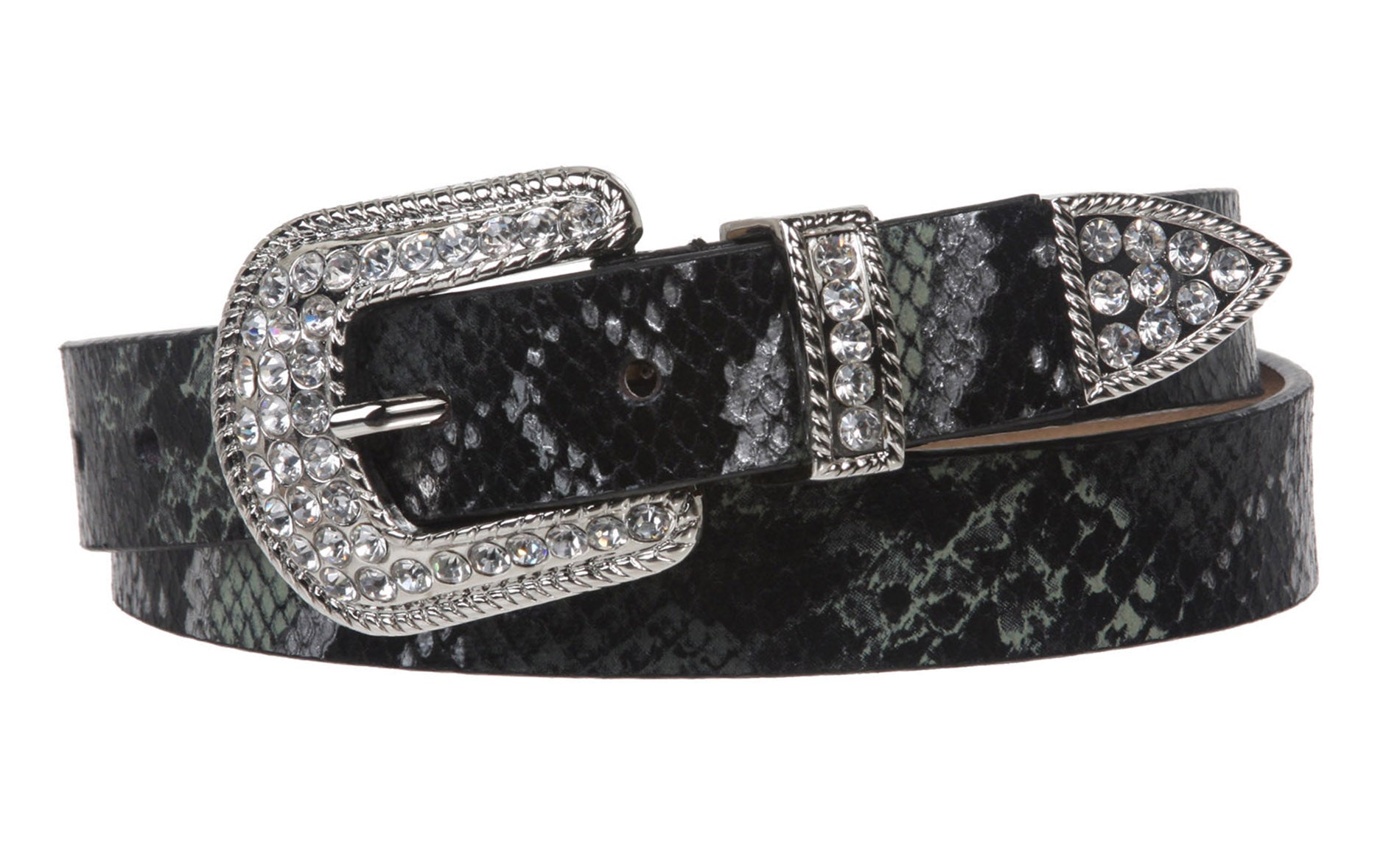 1" Western Rhinestone Buckle Snake Print Leather Belt - OnlineBelts