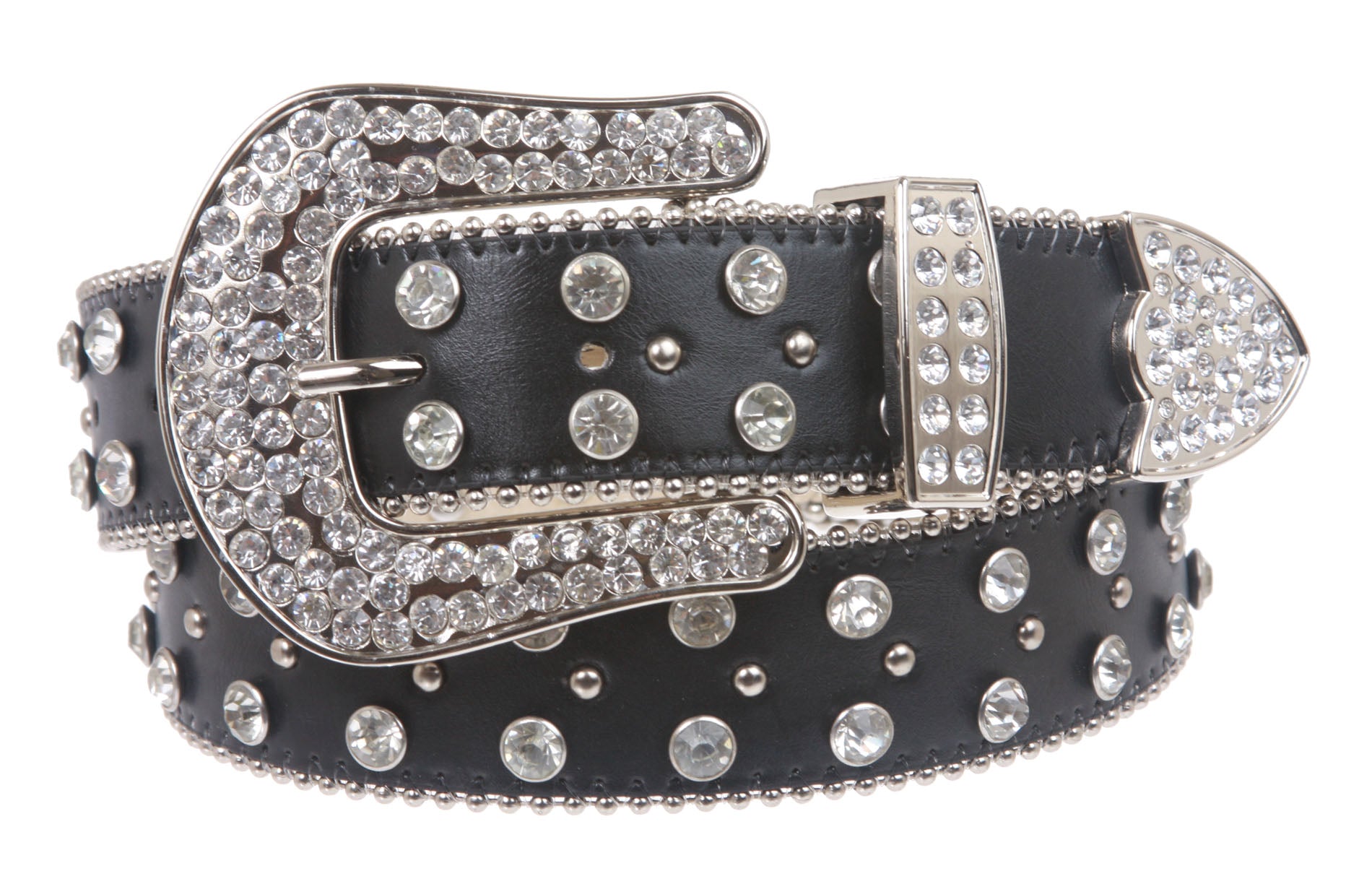 Snap On Western Cowgirl Rhinestone Fleur De Lis Studded Leather Belt - OnlineBelts