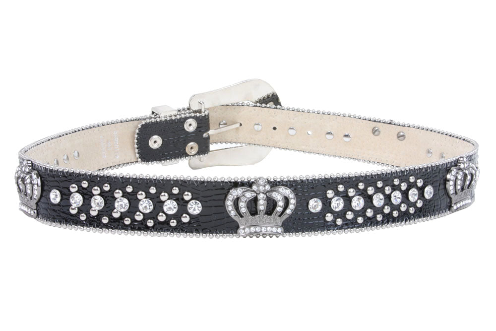 Snap On Rhinestone Crown Silver Circle Studded Genuine Leather Belt - OnlineBelts