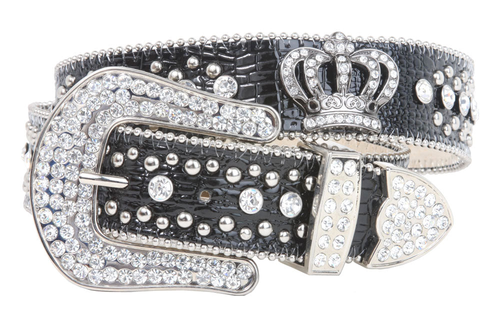 Snap On Rhinestone Crown Silver Circle Studded Genuine Leather Belt - OnlineBelts