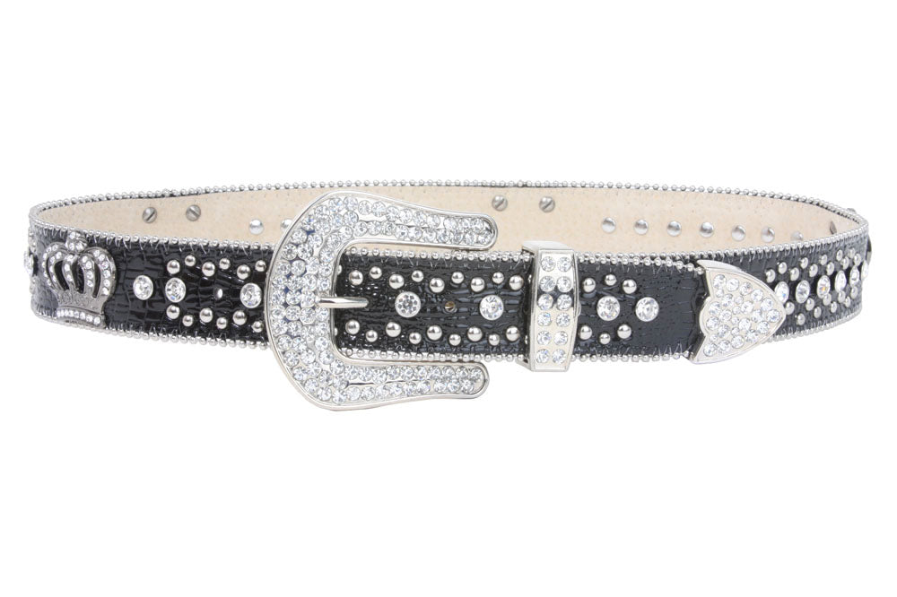 Snap On Rhinestone Crown Silver Circle Studded Genuine Leather Belt - OnlineBelts