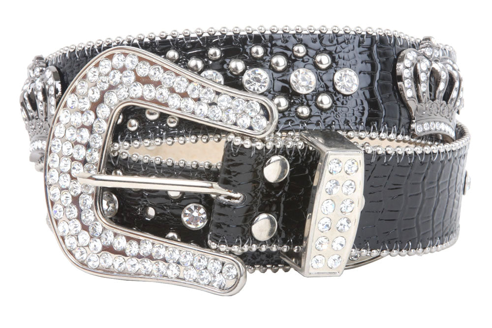 Snap On Rhinestone Crown Silver Circle Studded Genuine Leather Belt - OnlineBelts
