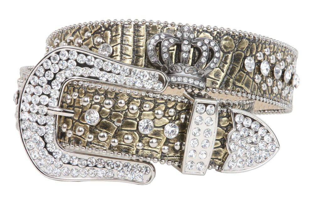 Snap On Rhinestone Crown Silver Circle Studded Genuine Leather Belt - OnlineBelts