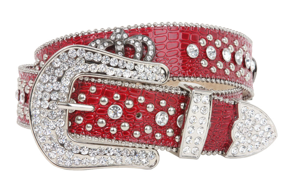 Snap On Rhinestone Crown Silver Circle Studded Genuine Leather Belt - OnlineBelts