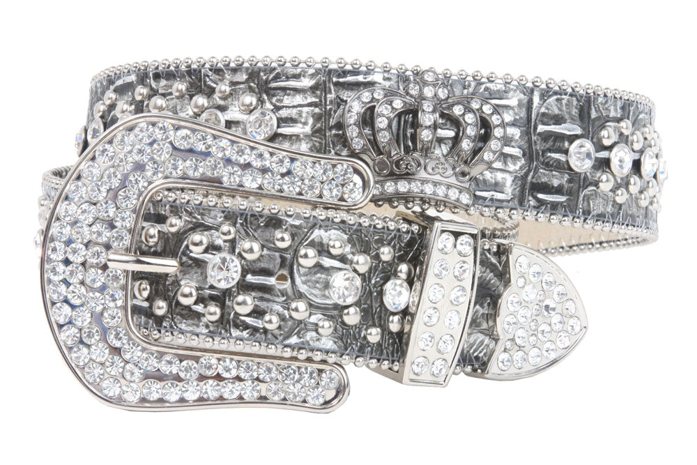 Snap On Rhinestone Crown Silver Circle Studded Genuine Leather Belt - OnlineBelts