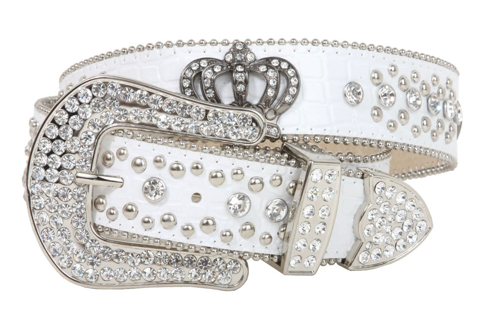 Snap On Rhinestone Crown Silver Circle Studded Genuine Leather Belt - OnlineBelts