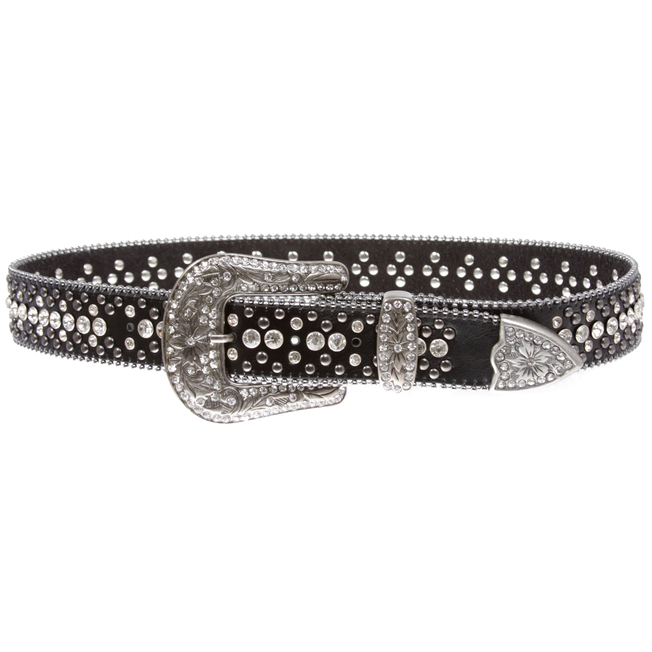 Snap On Rhinestone and Gun Metal Color Circle Studded Leather Belt - OnlineBelts