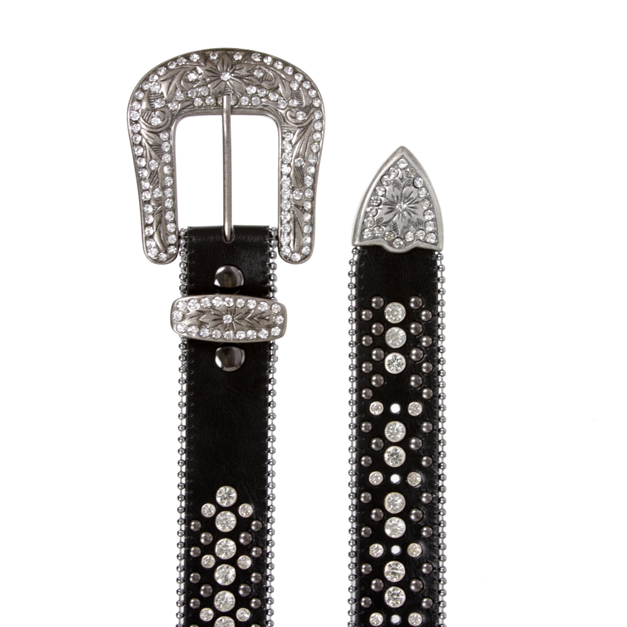 Snap On Rhinestone and Gun Metal Color Circle Studded Leather Belt - OnlineBelts