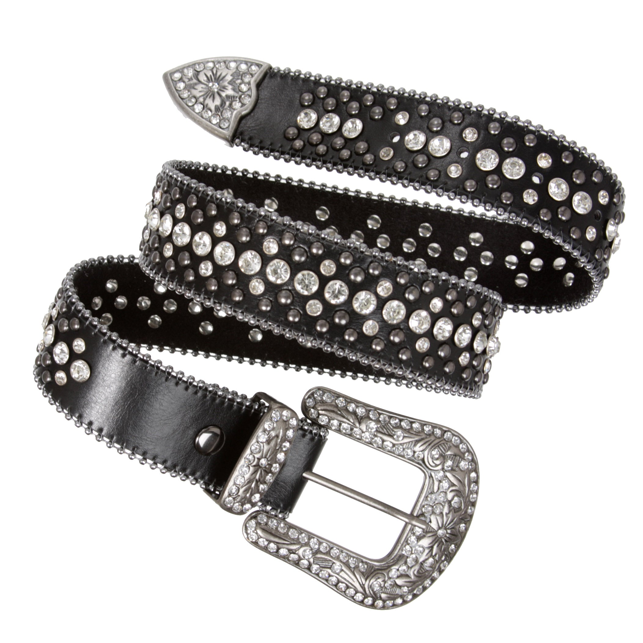 Snap On Rhinestone and Gun Metal Color Circle Studded Leather Belt - OnlineBelts