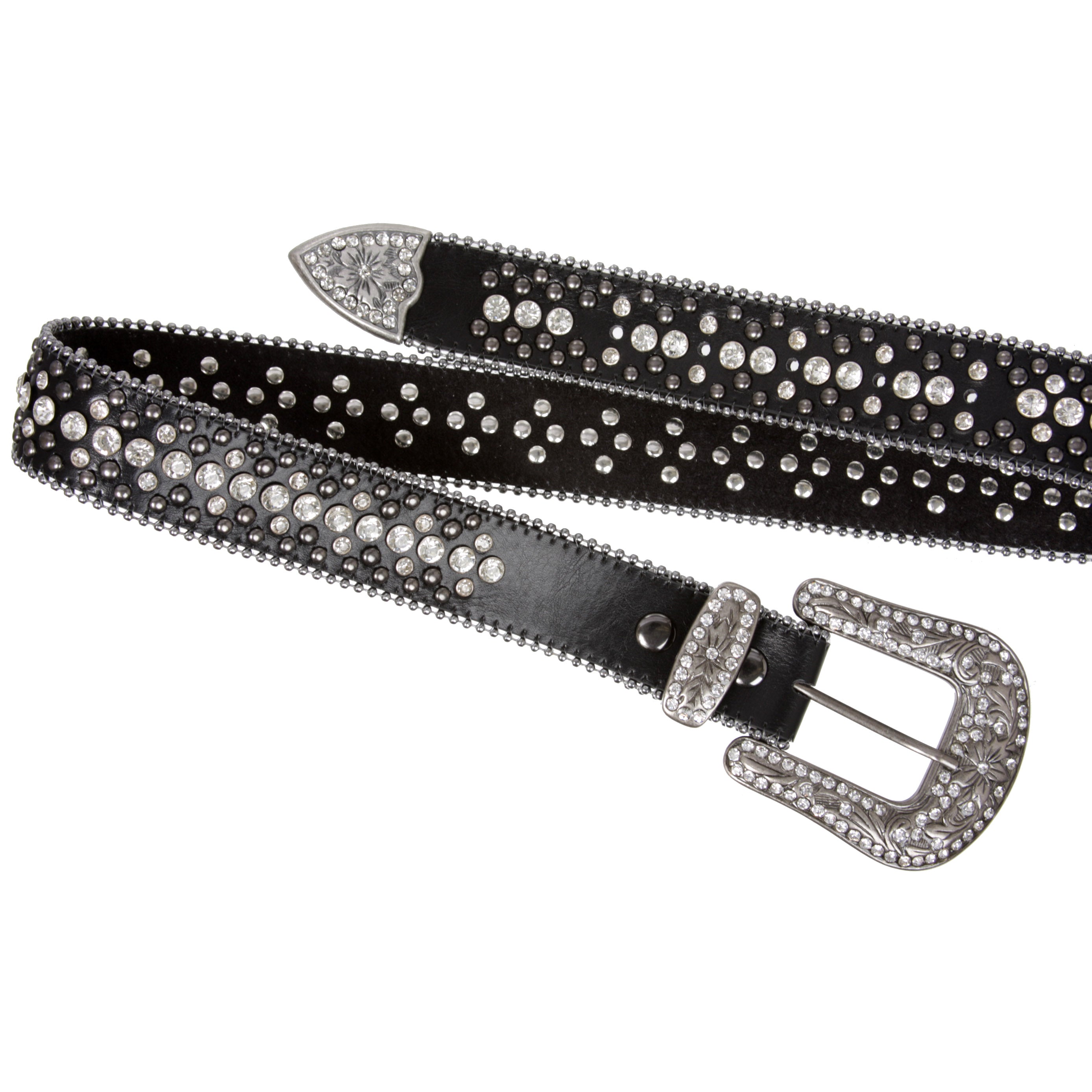 Snap On Rhinestone and Gun Metal Color Circle Studded Leather Belt - OnlineBelts