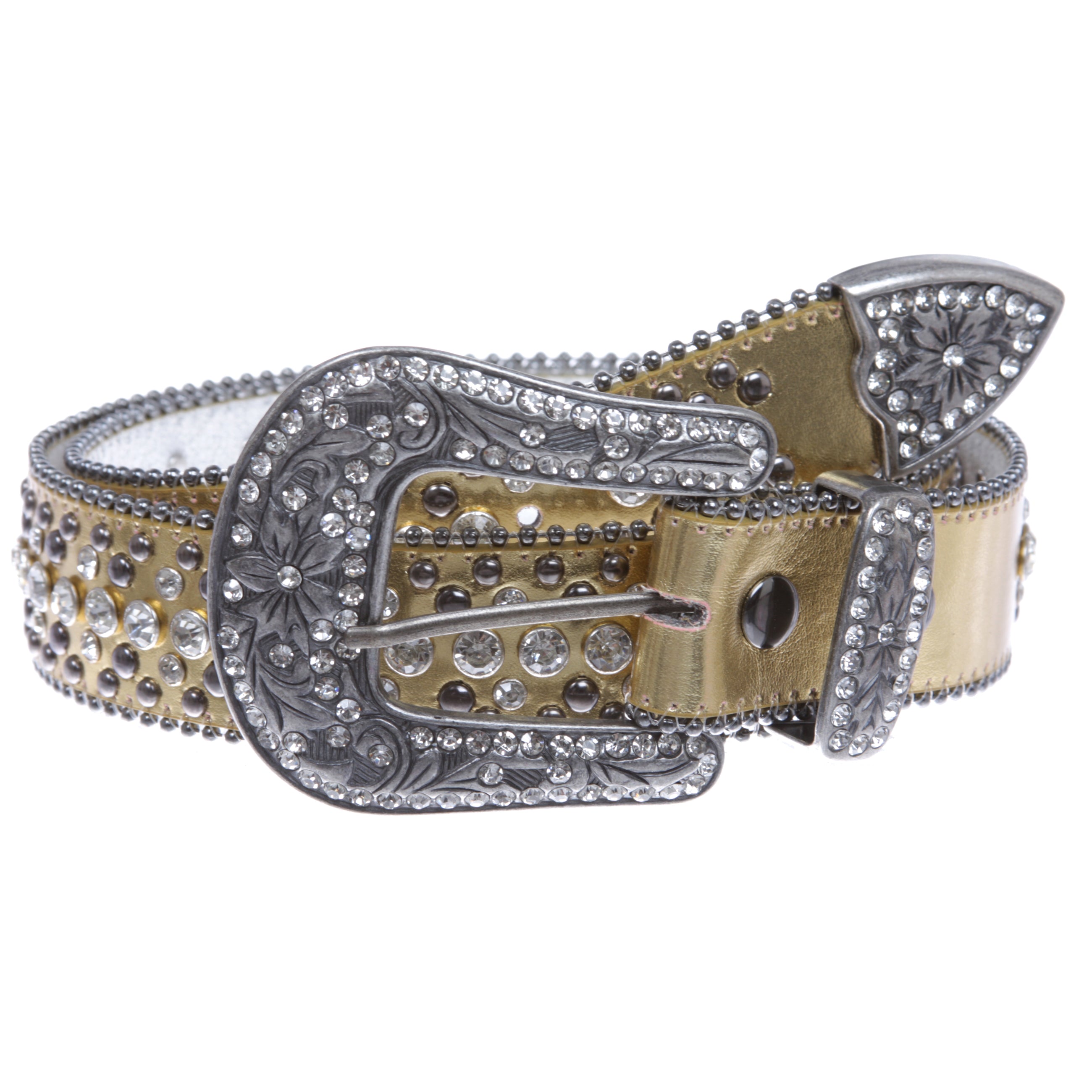 Snap On Rhinestone and Gun Metal Color Circle Studded Leather Belt - OnlineBelts