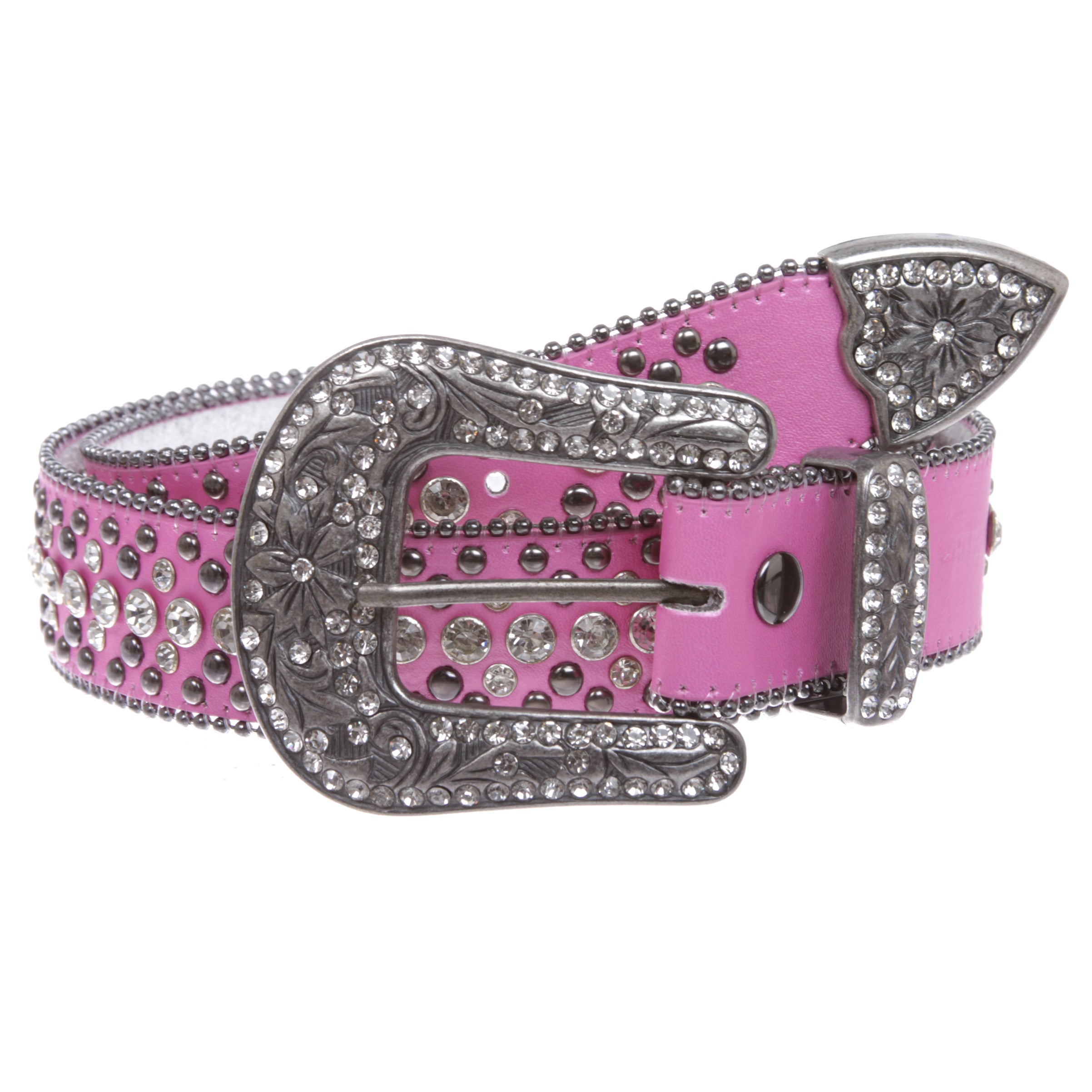 Snap On Rhinestone and Gun Metal Color Circle Studded Leather Belt - OnlineBelts