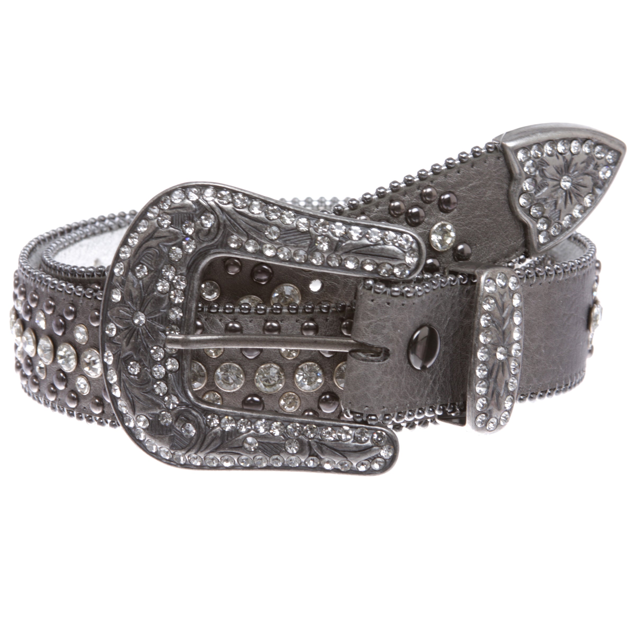 Snap On Rhinestone and Gun Metal Color Circle Studded Leather Belt - OnlineBelts