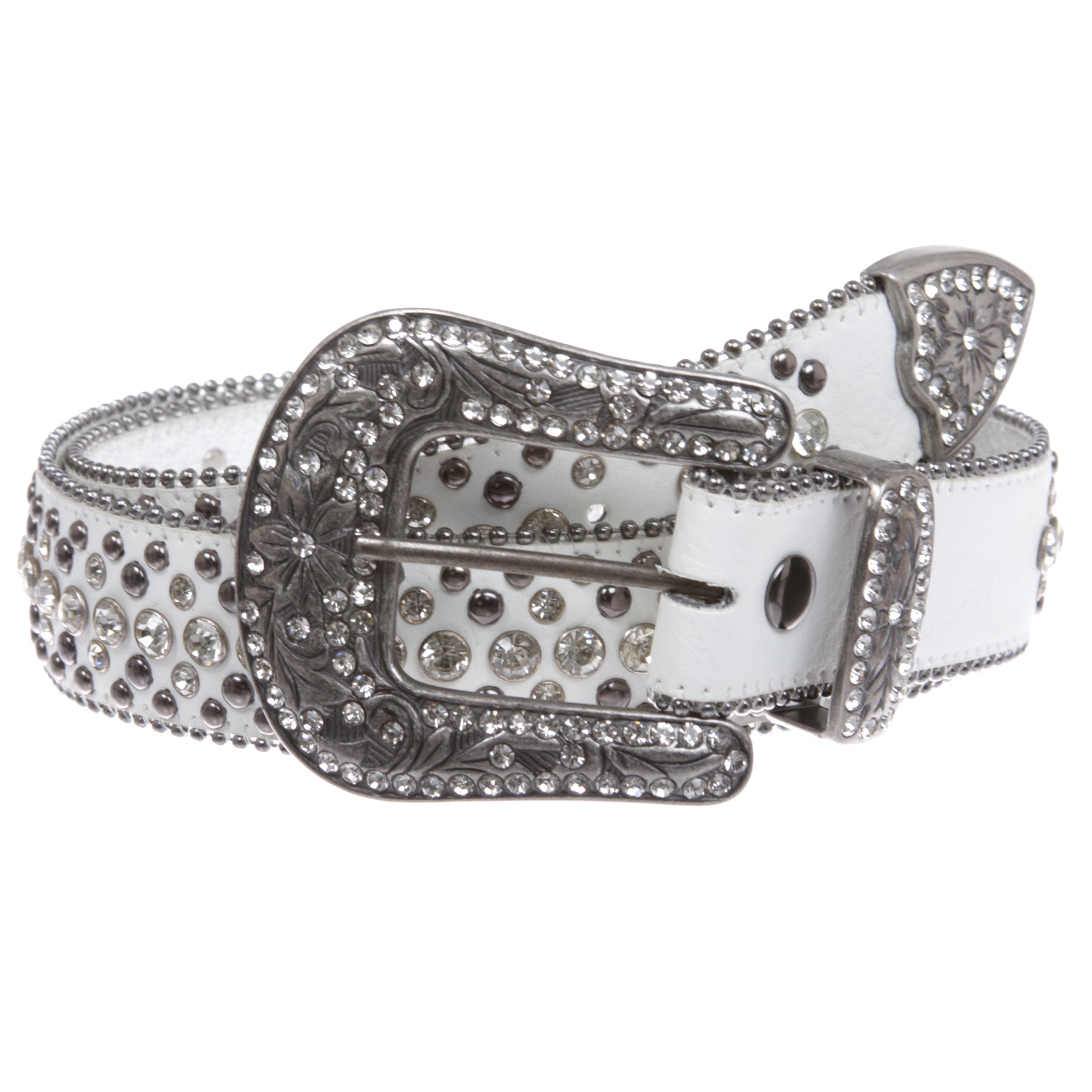 Snap On Rhinestone and Gun Metal Color Circle Studded Leather Belt - OnlineBelts