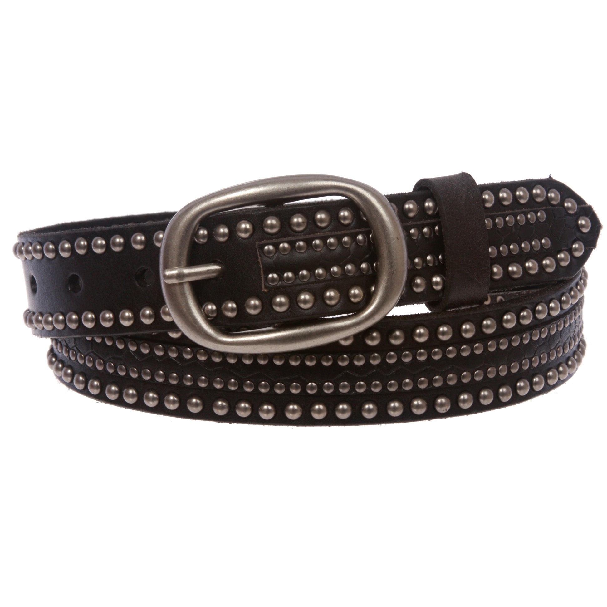 Snap on Oval Riveted Nailheads Studded Skinny Leather Jean Belt - OnlineBelts