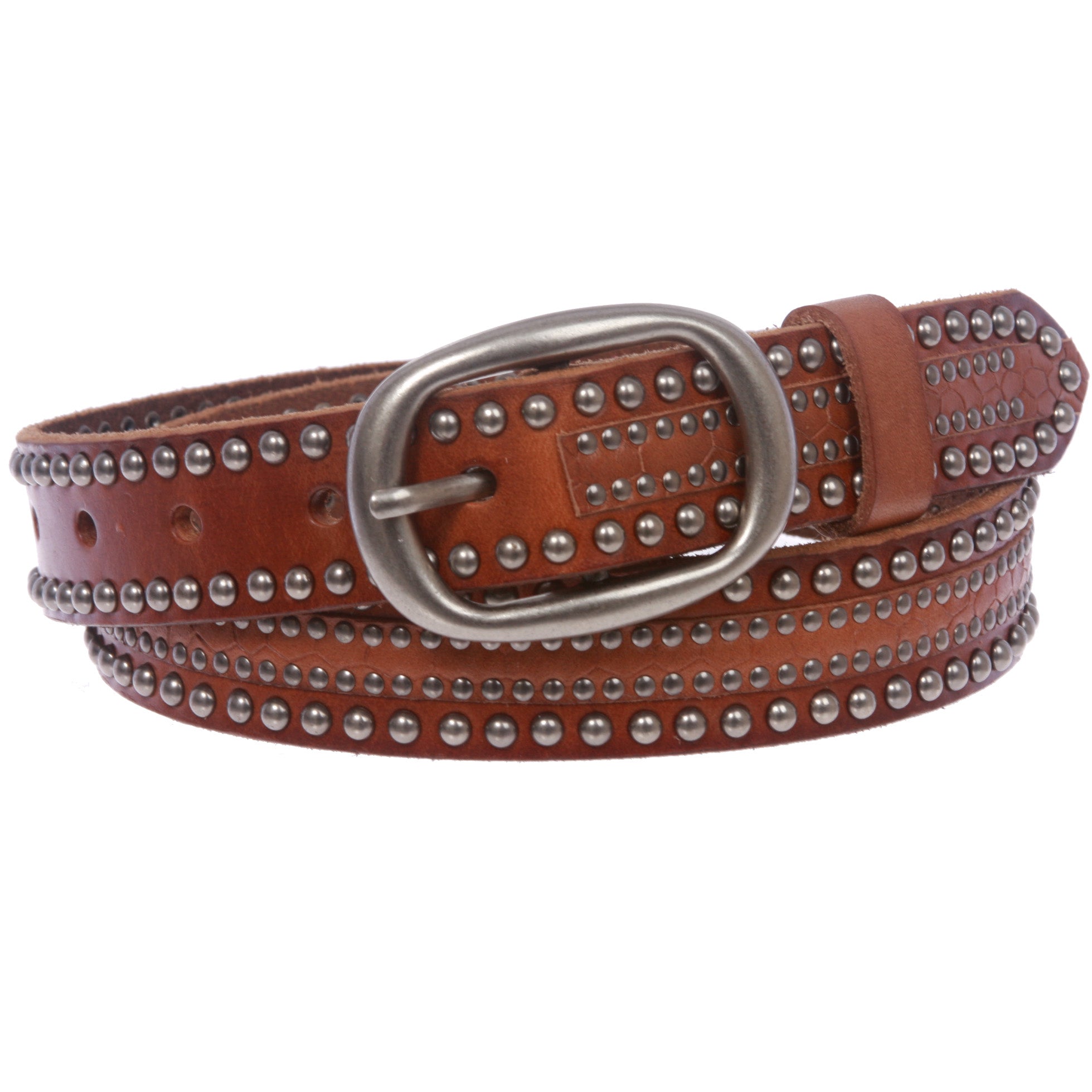 Snap on Oval Riveted Nailheads Studded Skinny Leather Jean Belt - OnlineBelts