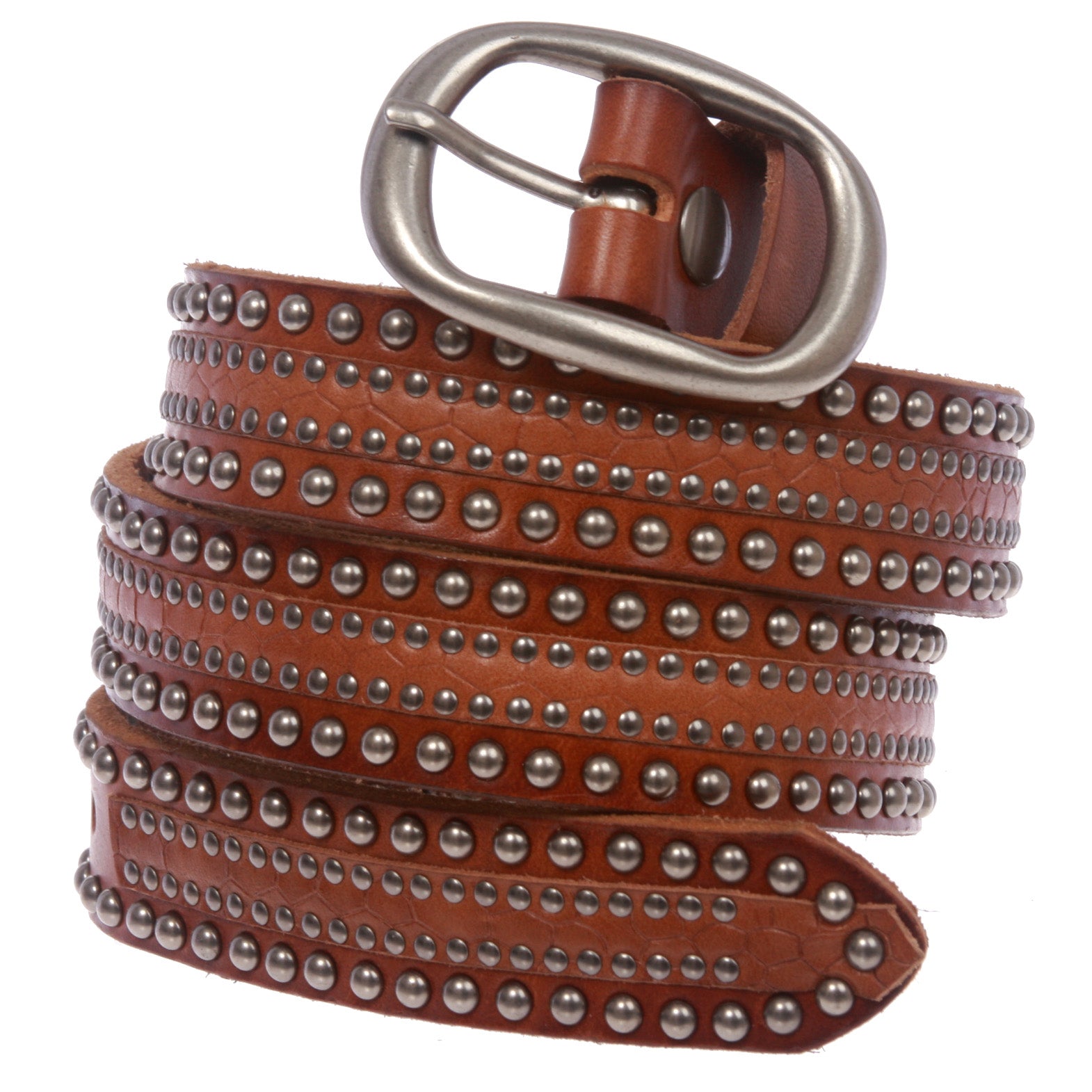 Snap on Oval Riveted Nailheads Studded Skinny Leather Jean Belt - OnlineBelts