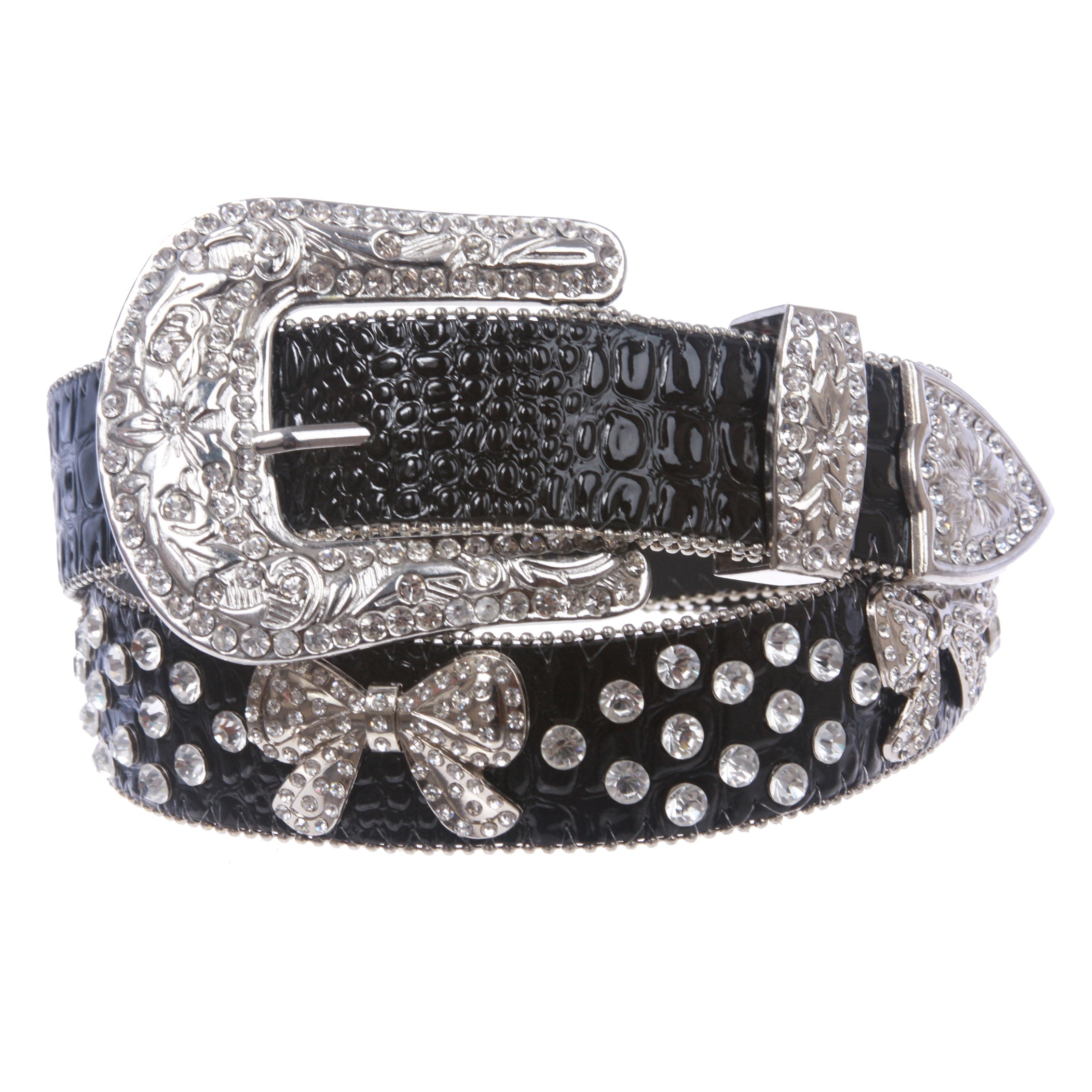 1 1/2" Snap On Western Rhinestone Bowknot Studded Alligator Leather Belt - OnlineBelts