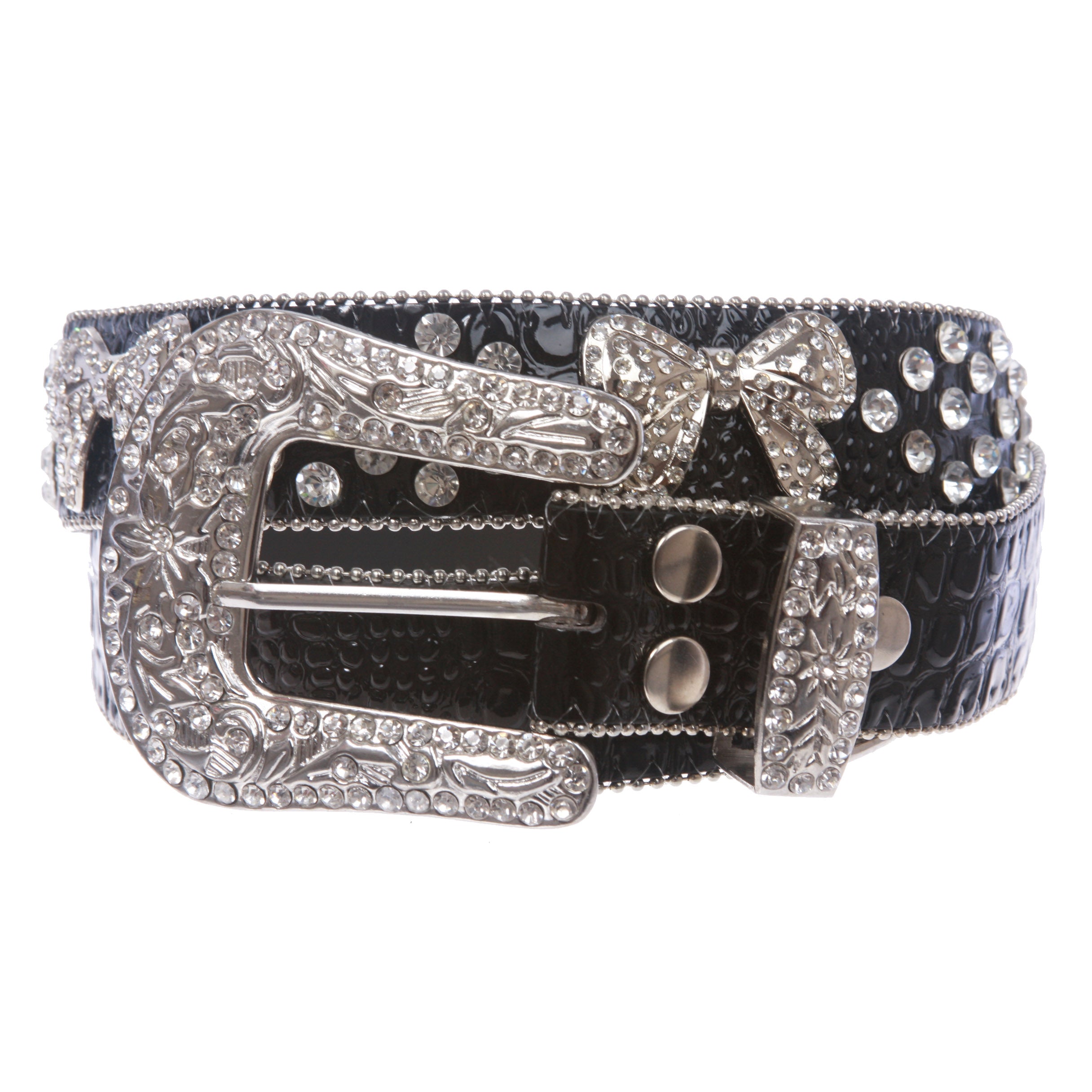 1 1/2" Snap On Western Rhinestone Bowknot Studded Alligator Leather Belt - OnlineBelts