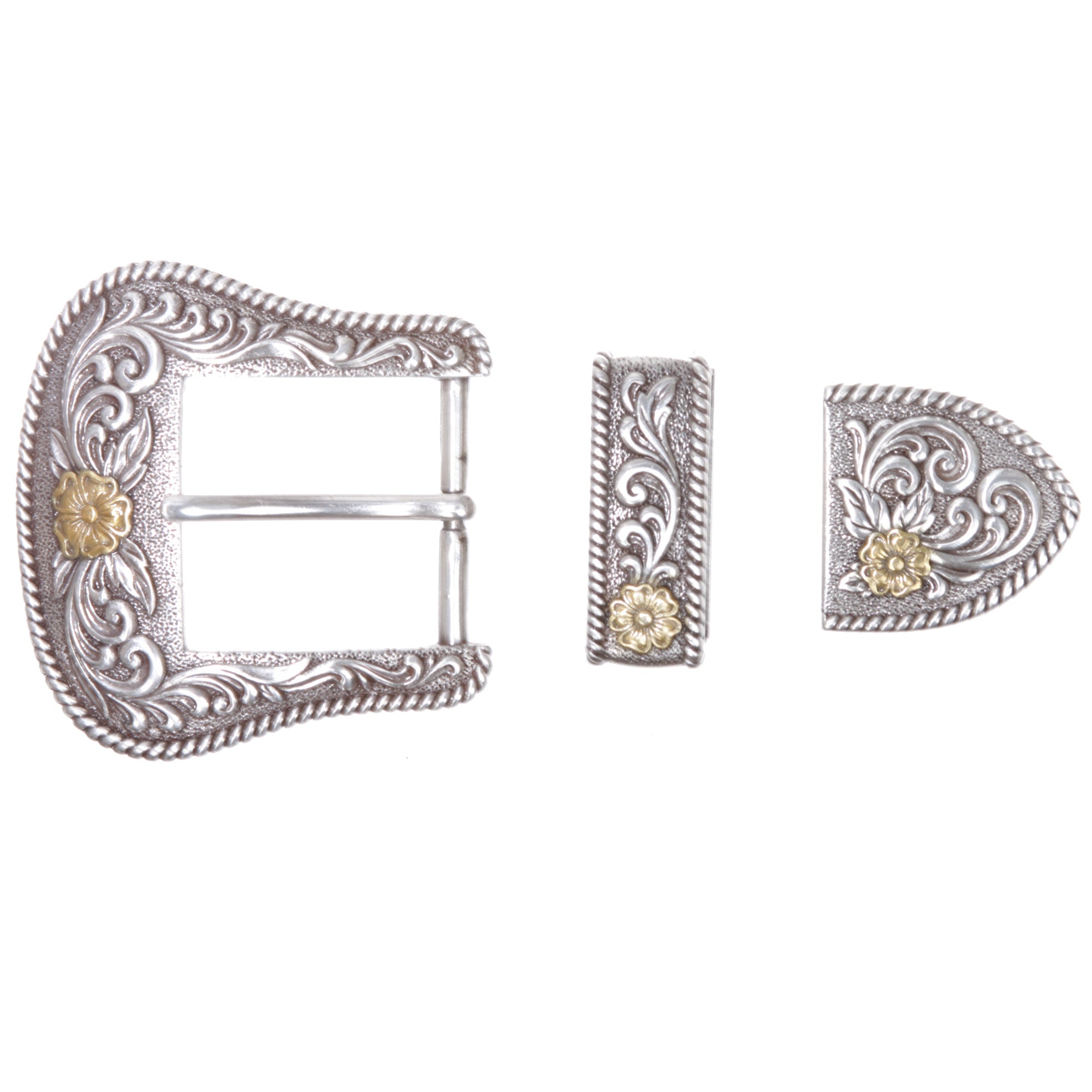 1 1/2"-3.8cm Western 3-Piece Silver/Gold Two-Tone Floral Belt Buckle Set - OnlineBelts