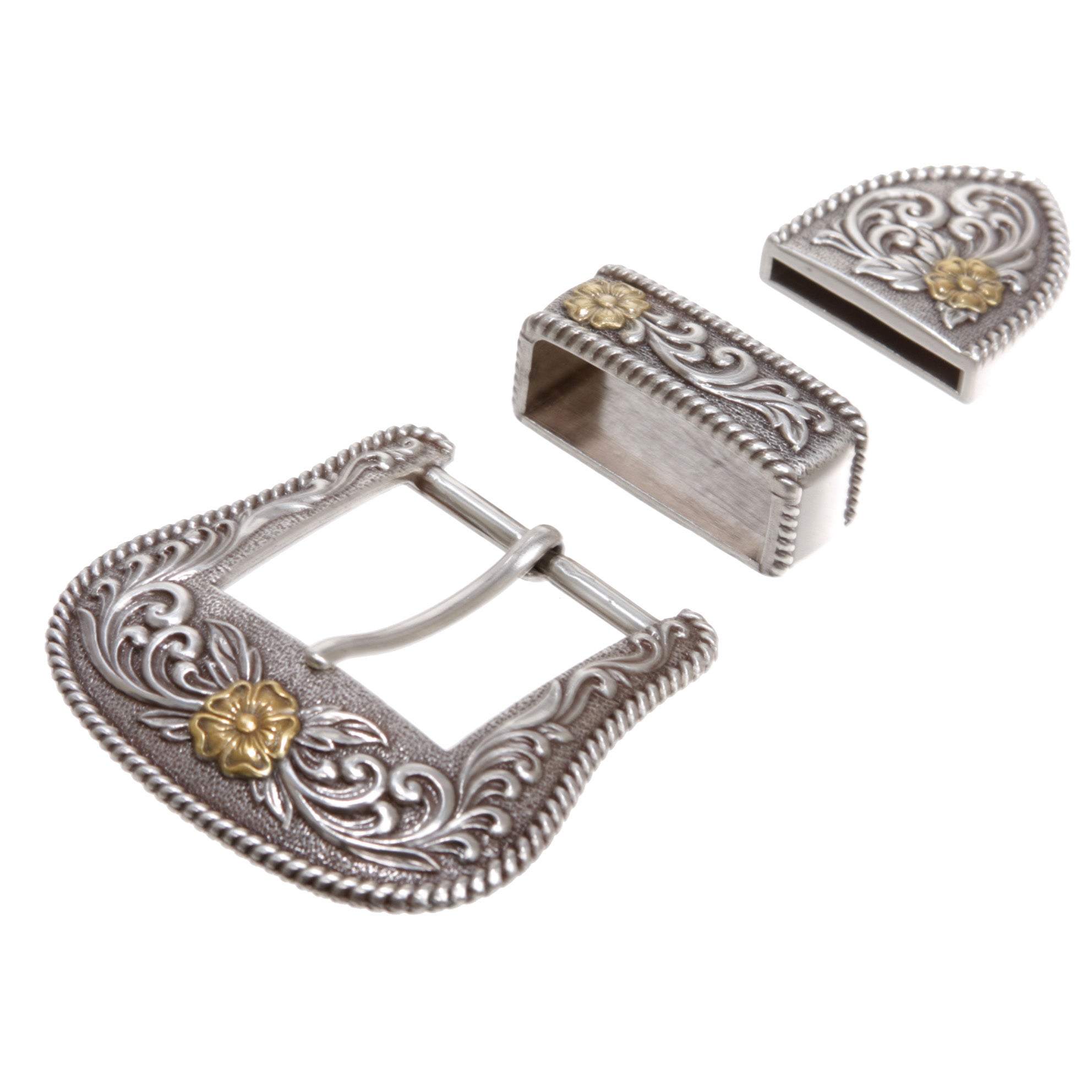 1 1/2"-3.8cm Western 3-Piece Silver/Gold Two-Tone Floral Belt Buckle Set - OnlineBelts