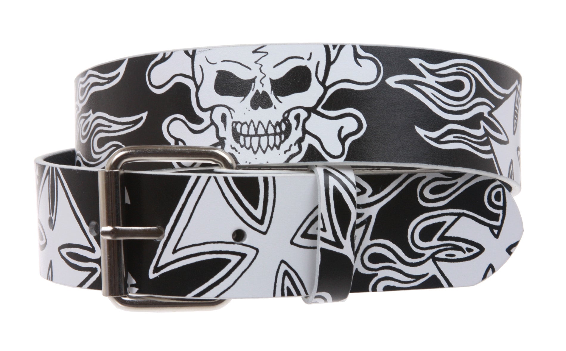 Snap On Skull and Iron Cross Tattoo Ink Fashion Bonded Leather Belt