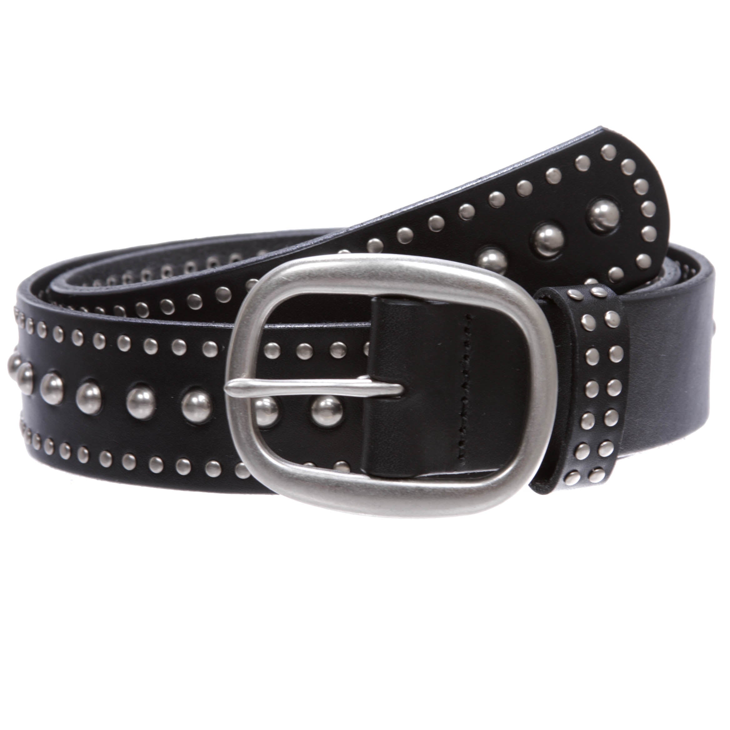 Ladies Oval Buckle Metal Circle Studded Leather Belt - OnlineBelts