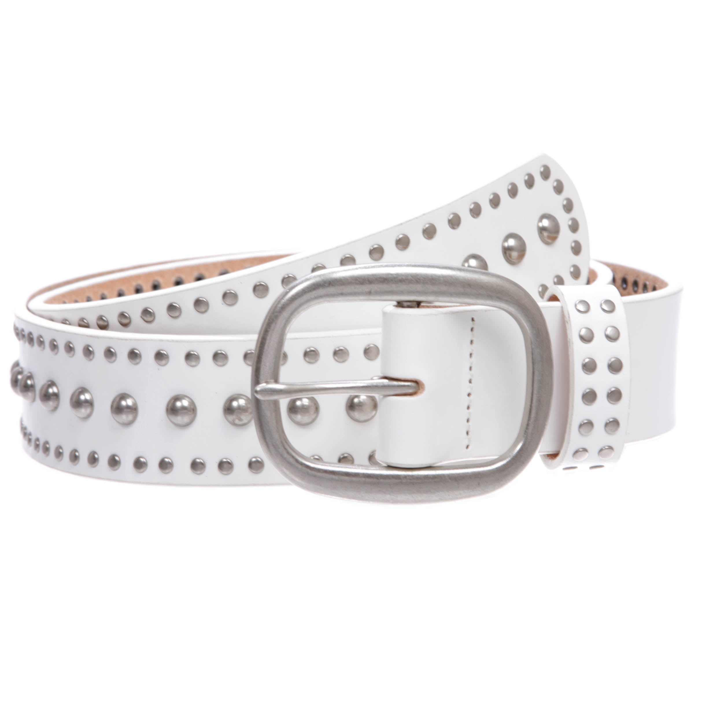Ladies Oval Buckle Metal Circle Studded Leather Belt - OnlineBelts