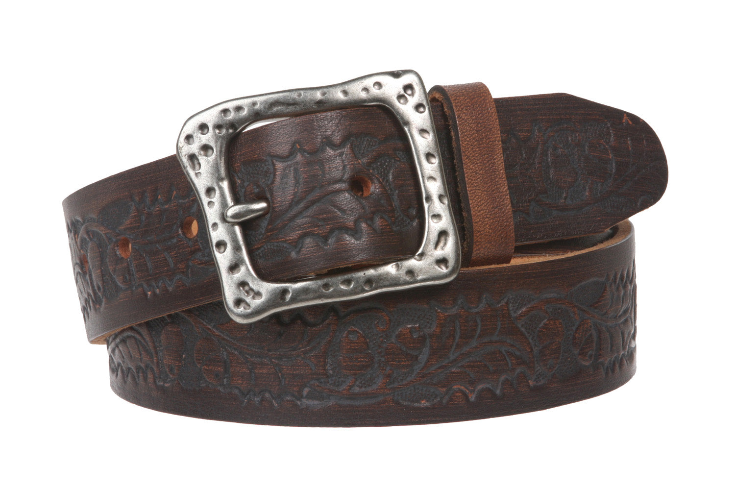 Snap On Embossed Birds and Leaves Genuine Leather Belt