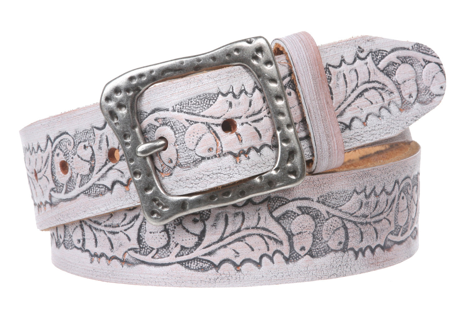 Snap On Embossed Birds and Leaves Genuine Leather Belt - OnlineBelts