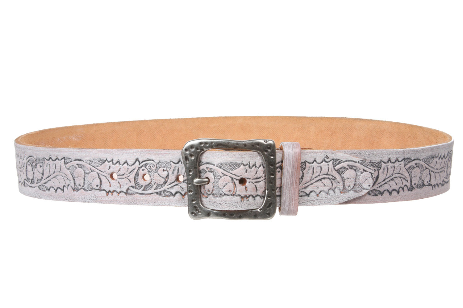 Snap On Embossed Birds and Leaves Genuine Leather Belt