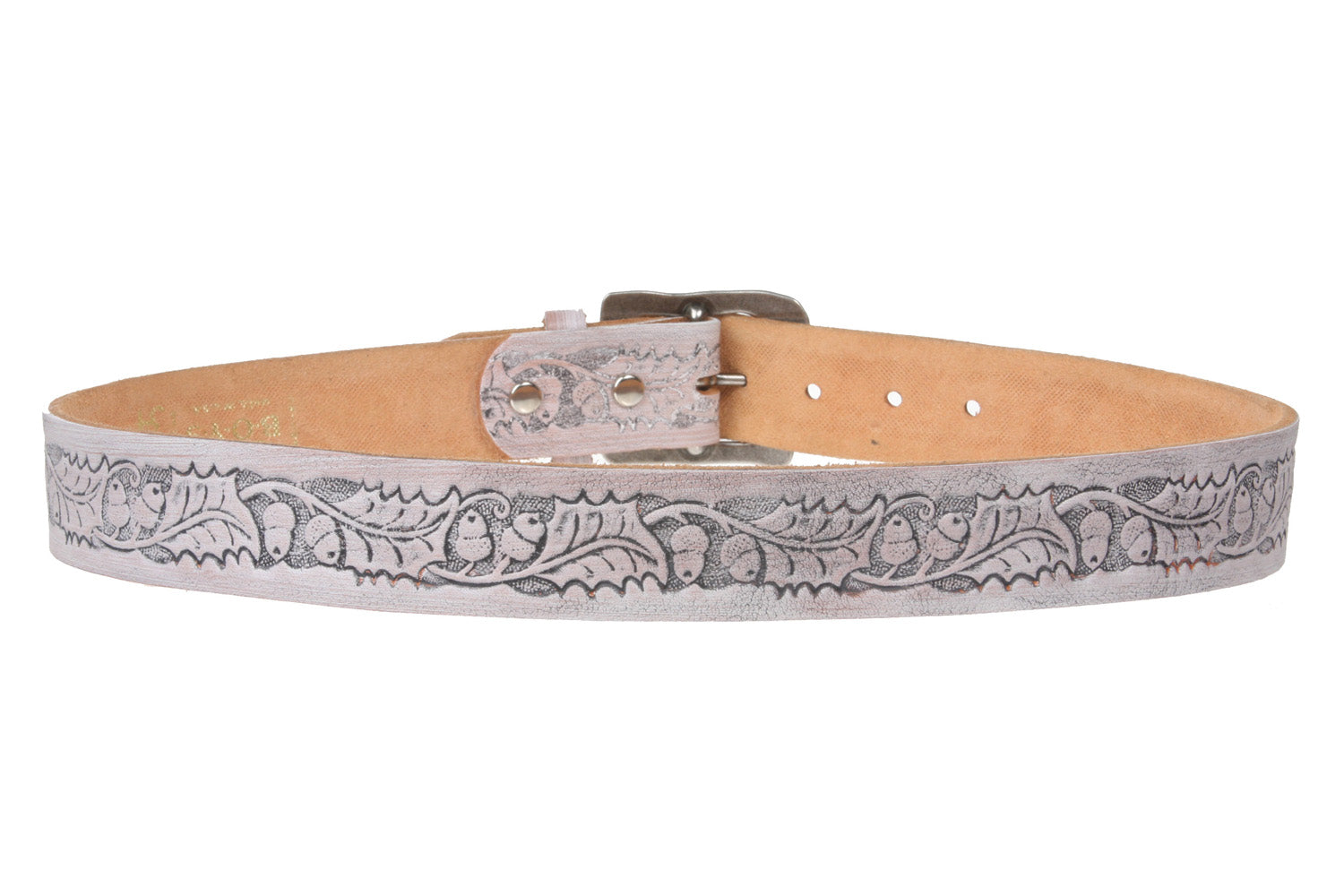Snap On Embossed Birds and Leaves Genuine Leather Belt - OnlineBelts