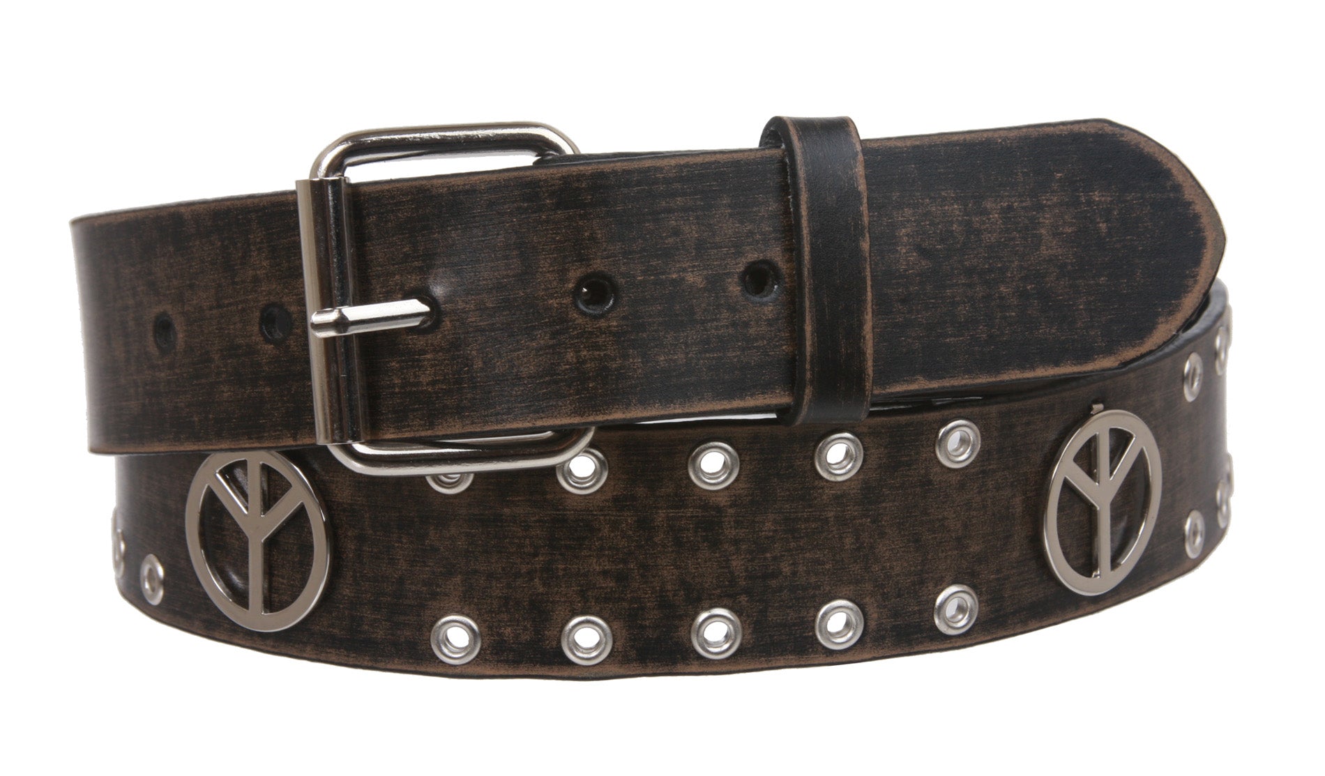 Snap On Peace Sign Grommets Vintage Leather Belt - OnlineBelts