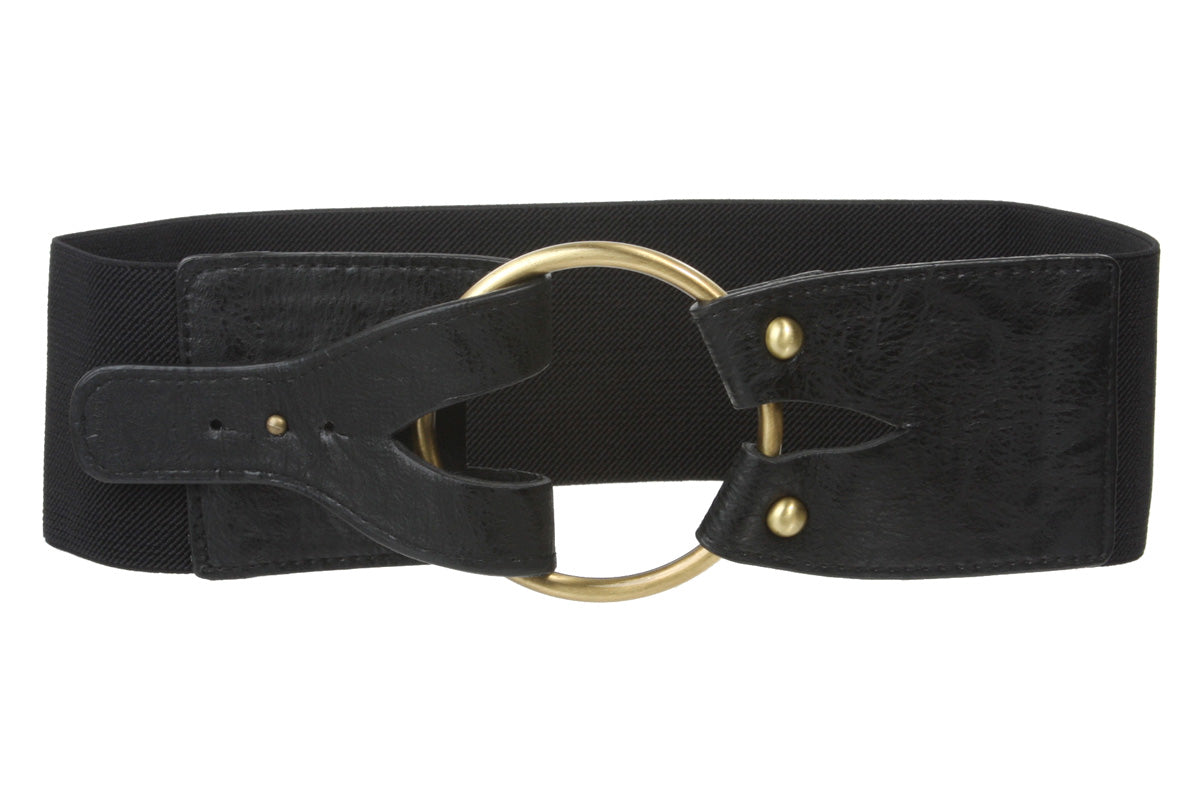 3" inch Wide High Waist Brass Ring strap Fold closure Stretch Belt - OnlineBelts