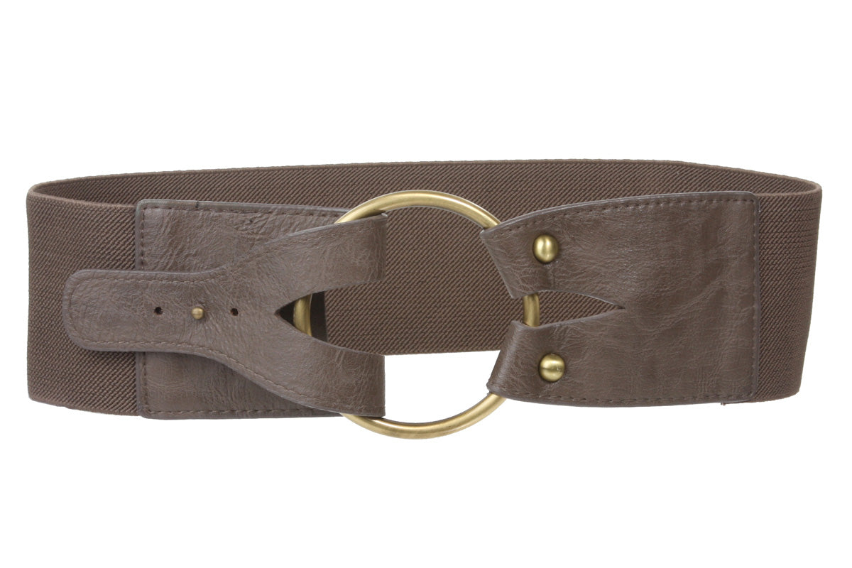3" inch Wide High Waist Brass Ring strap Fold closure Stretch Belt - OnlineBelts
